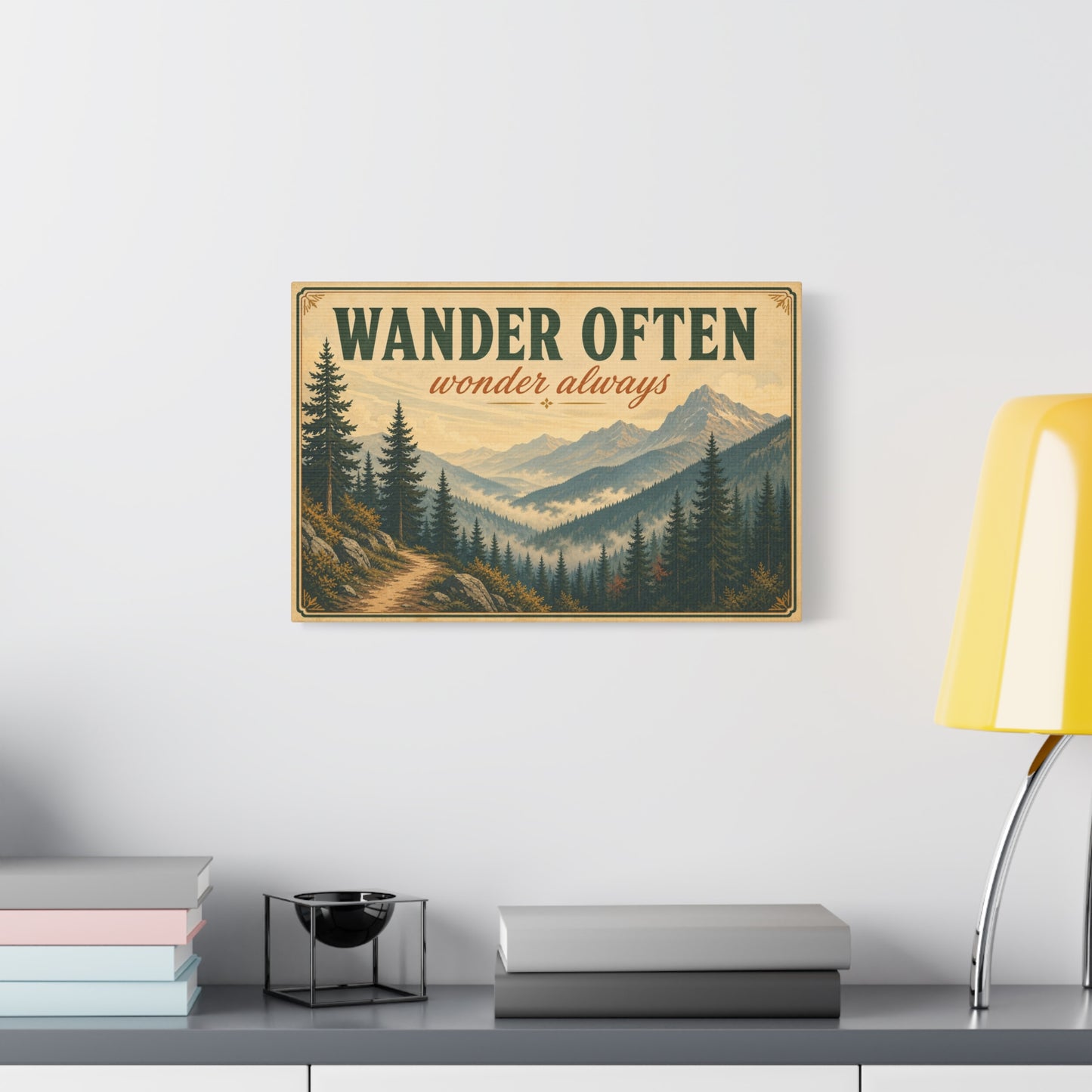 "Wander Often Wonder Always" Mountain Canvas Wall Art - Vintage Forest Landscape Quote Decor, Rustic Matte Print, Cabin Style Living Room Wall Decor, Bedroom Home Decoration - Bedroom Home Decoration