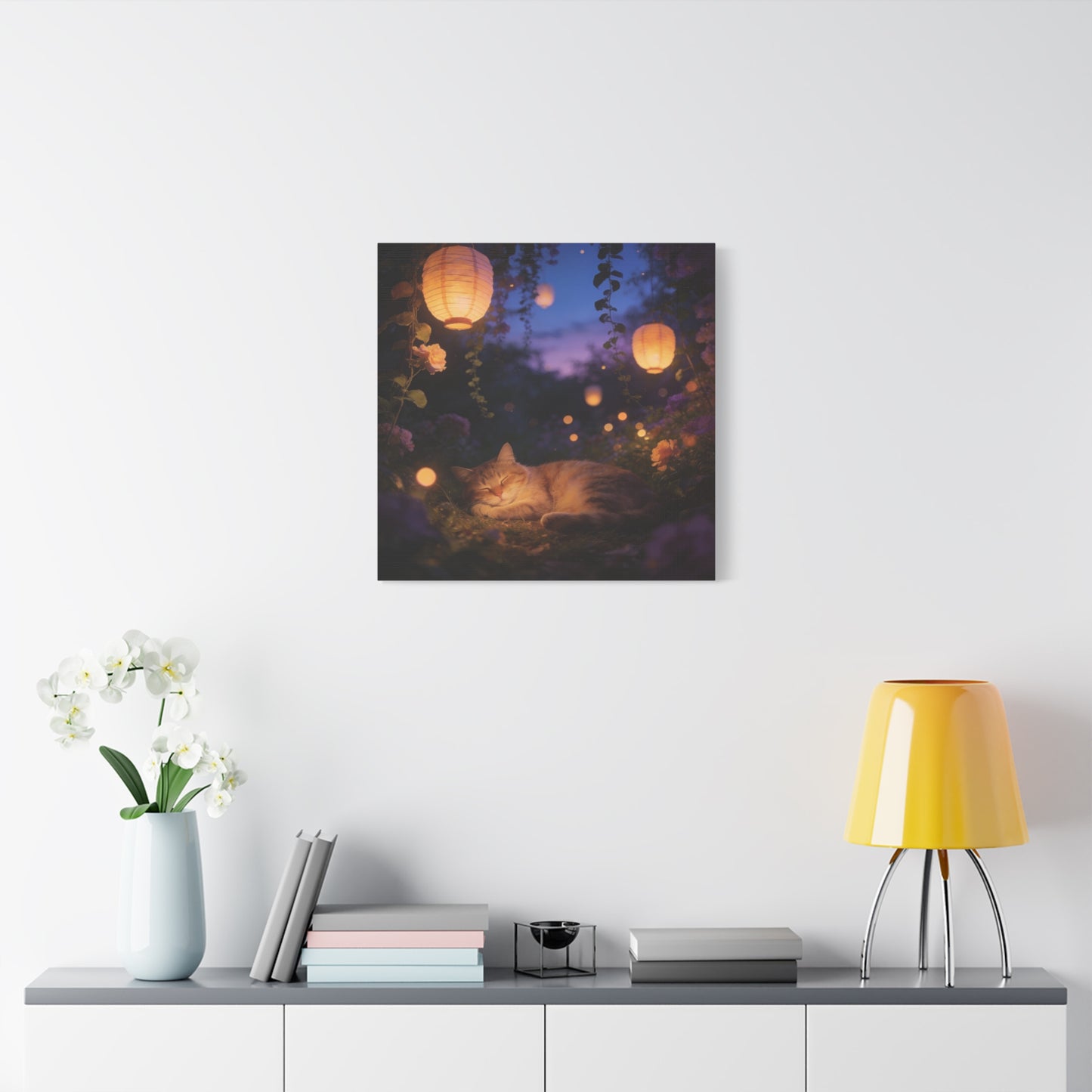 Sleeping Cat Canvas Wall Art - Lantern Lit Garden Night Scene, Dreamy Floral Canvas Print - Calming Cottagecore Style, Bedroom Wall Decor, Living Room Home Decoration - Bedroom Home Decoration