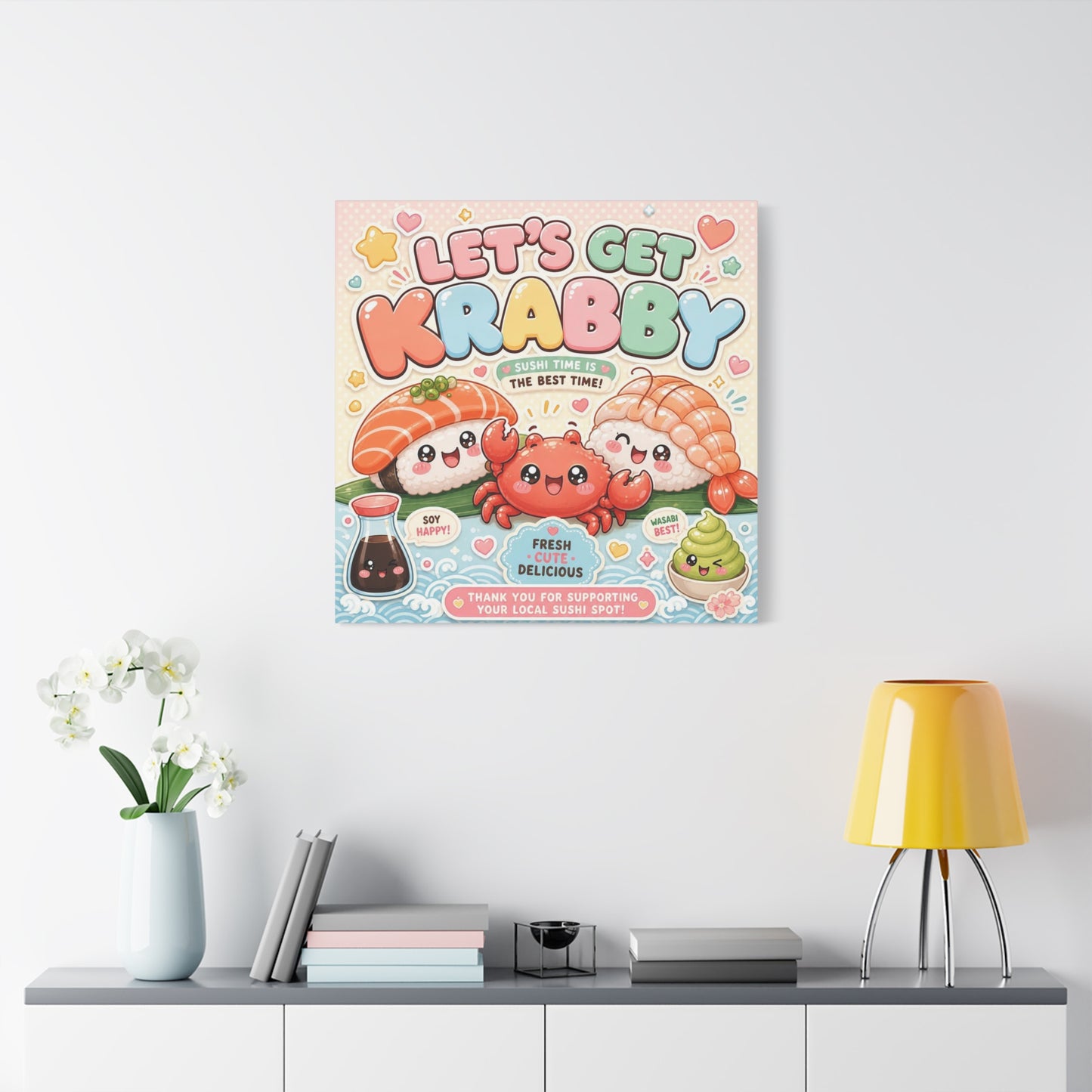 "Let's Get Krabby" Sushi Quote Canvas Wall Art - Kawaii Salmon Nigiri Shrimp Crab Illustration - Pastel Typography - Cafe Wall Decor, Restaurant Wall Hanging, Cute Food Sign - Reception Area Decor