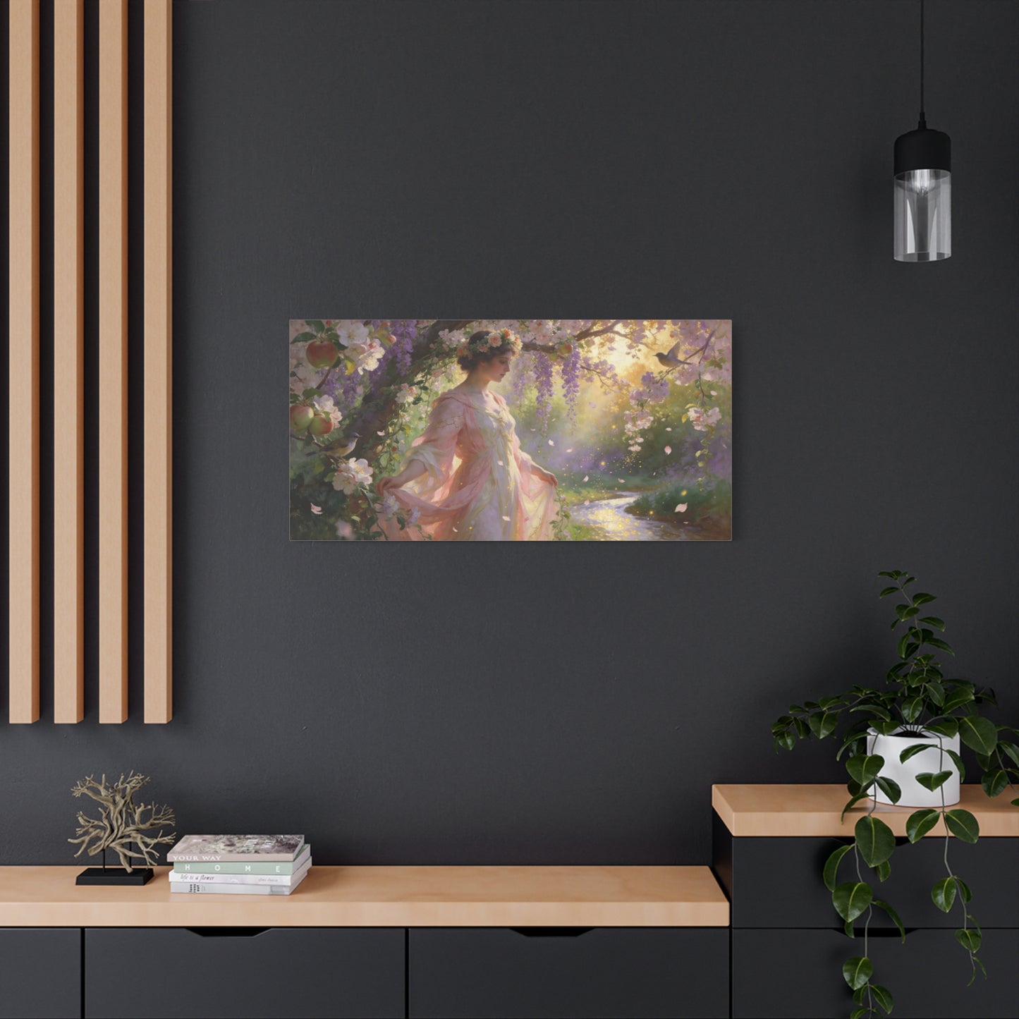 Romantic Garden Maiden Canvas Wall Art - Floral Orchard Figure, Wisteria Blossoms, Songbirds - Impressionist Cotton Canvas Print - Vintage Style Living Room Wall Decor Bedroom Accent - Ready to Hang