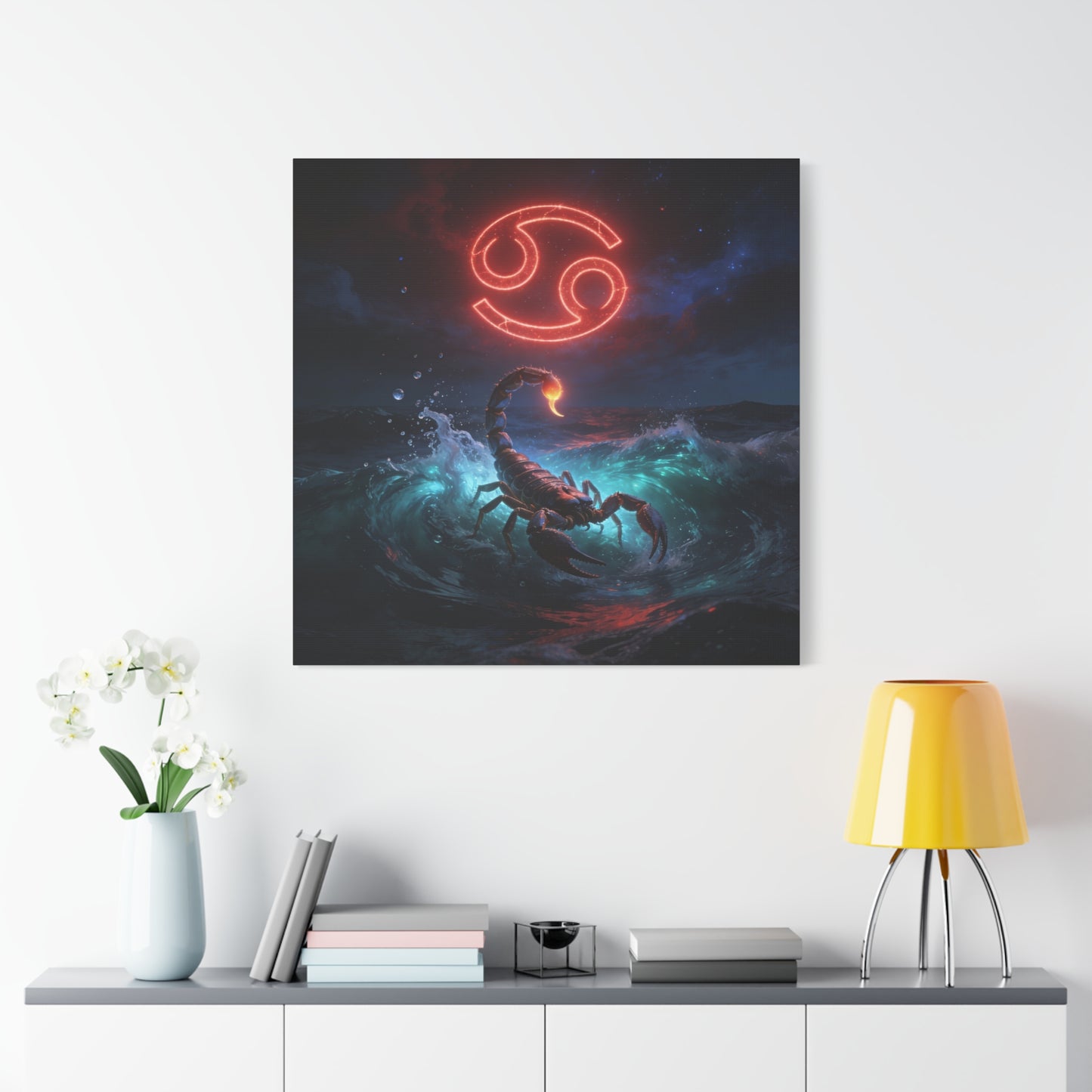 Cancer Zodiac Canvas Wall Art - Neon Crab Ocean Astrology Print, Celestial Night Seascape, Matte Canvas Decor, Bedroom Home Decoration, Living Room Wall Decor, Modern Space Style - Ready to Hang