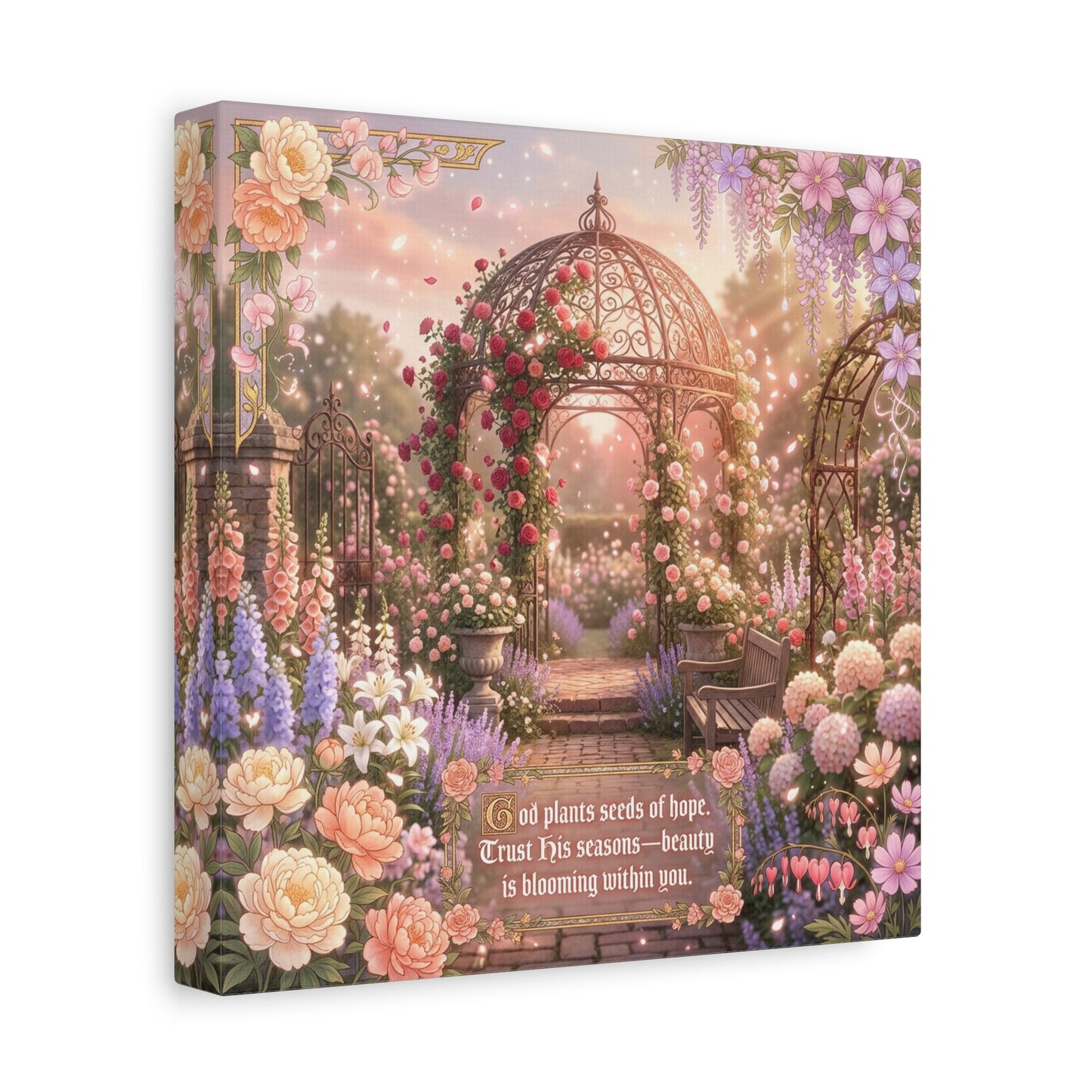 "God Plants Seeds Of Hope" Floral Garden Canvas Wall Art - Romantic Rose Gazebo Scripture Quote Print - Matte Botanical Cottagecore Decor - Bedroom Living Room Home Decoration - Living Room Wall Decor