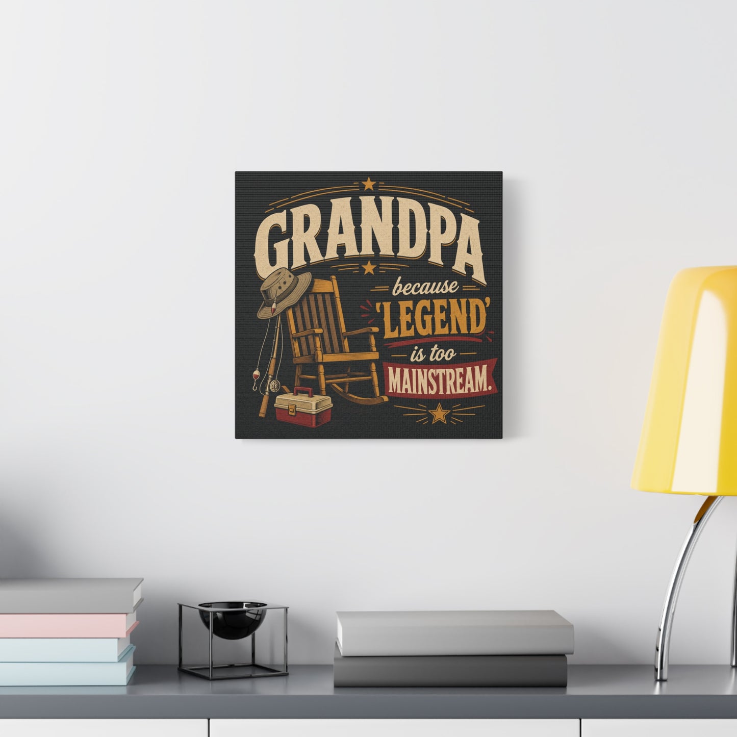 "Grandpa Because 'Legend' Is Too Mainstream" Canvas Wall Art - Vintage Fishing Rocking Chair Print - Rustic Typography Decor - Living Room Wall Decor - Ready to Hang - Bedroom Home Decoration