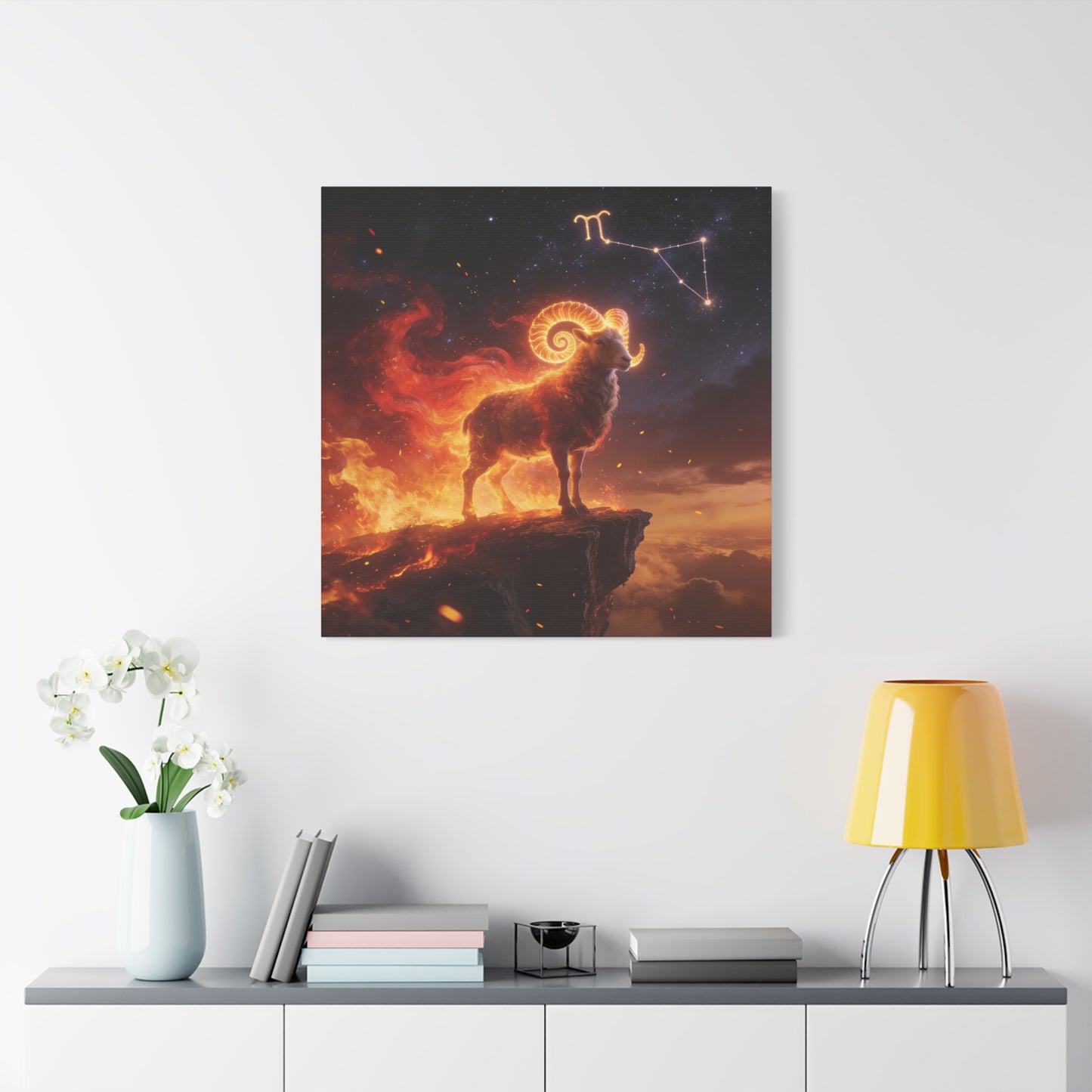 Aries Ram Canvas Wall Art - Fiery Zodiac Constellation Celestial Animal Print - Glowing Horns, Cosmic Night Sky - Contemporary Fantasy Style - Bedroom Home Decoration Office Wall Art - Ready to Hang