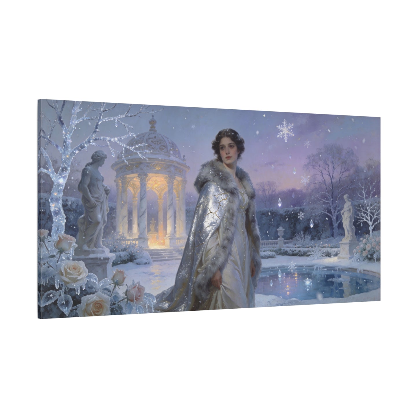 Winter Garden Woman Canvas Wall Art - Snowy Pavilion, Frosted Roses, Classical Statues - Ethereal Traditional Painting - Bedroom Wall Decor, Living Room Home Accent - Bedroom Home Decoration