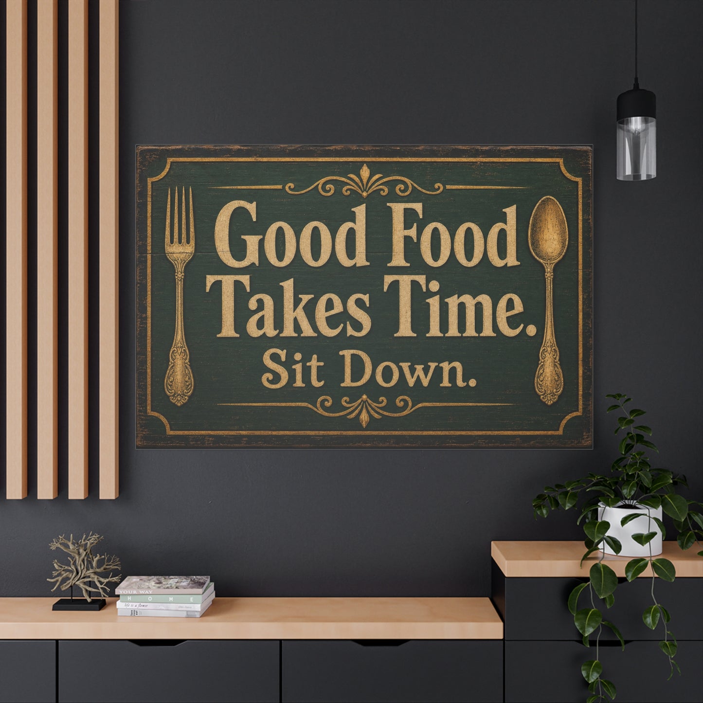 "Good Food Takes Time. Sit Down." Canvas Wall Art - Vintage Typography Decor - Rustic Farmhouse, Restaurant Wall Hanging - Modern Farmhouse Style - Ready to Hang - Bistro Sign Decor - HP Latex Print