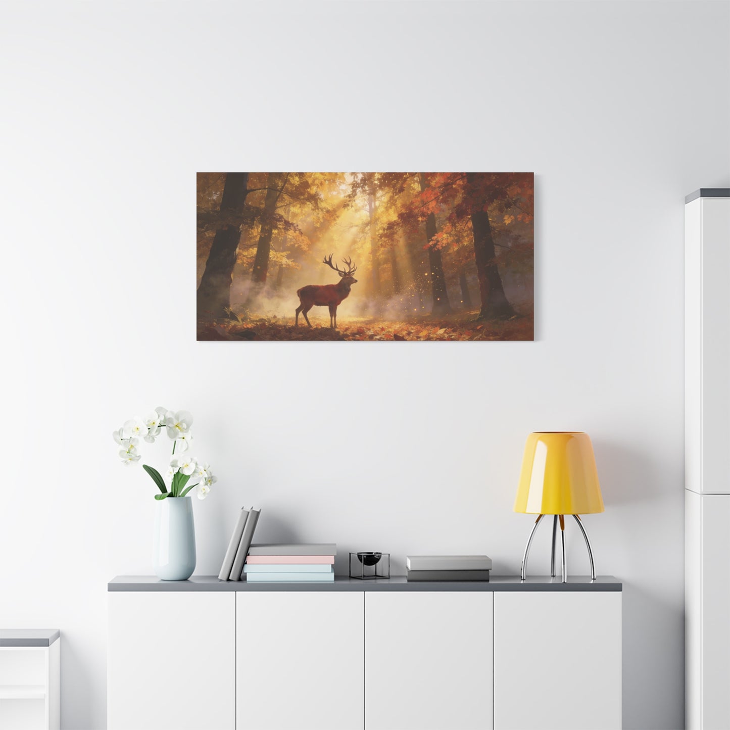 Stag Forest Canvas Wall Art - Golden Sunbeams, Misty Autumn Woodland - Matte Canvas Print - Rustic Nature Style - Living Room Wall Decor, Bedroom Home Decoration, Office Art - Bedroom Home Decoration