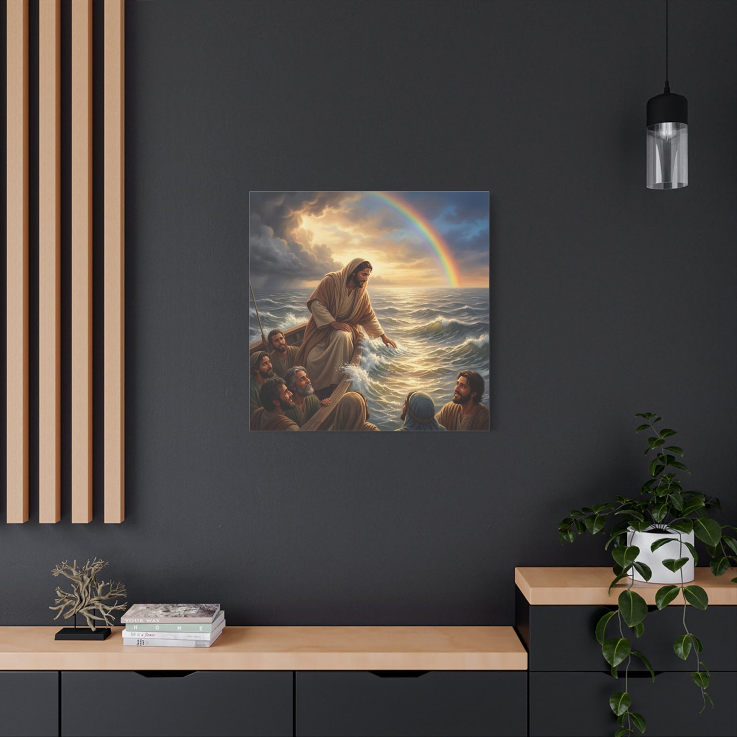 Jesus Christ Walking On Water Canvas Wall Art - Rainbow Over Stormy Sea, Disciples In Boat - Matte Cotton Print - Traditional Religious Style - Living Room Wall Decor - Bedroom Home Decoration