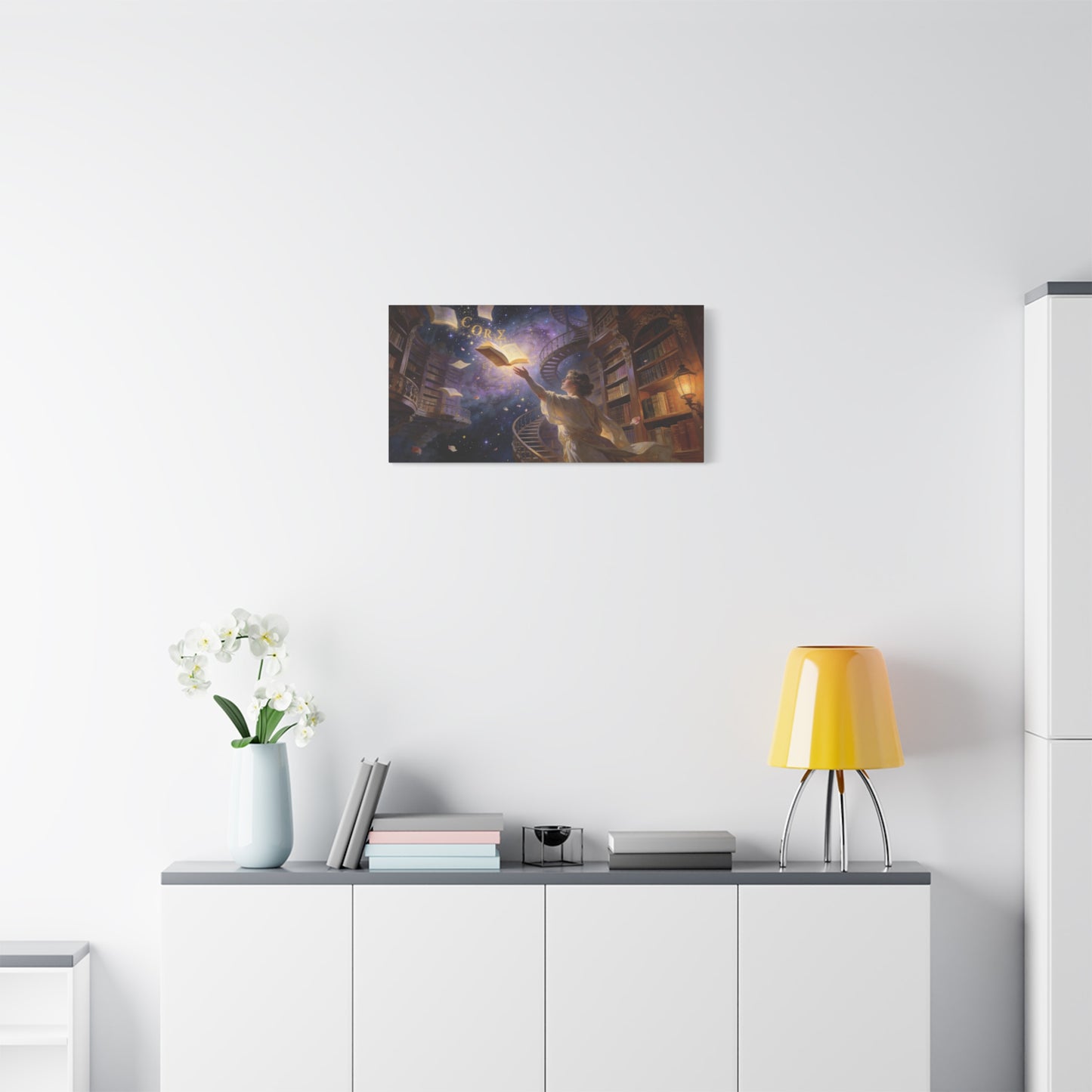 "CORZ" Fantasy Library Canvas Wall Art - Woman Reaching For Floating Book, Celestial Bookshelves, Spiral Staircase - Matte Cotton Print - Surreal Reading Room Decor, Office Art - Workspace Wall Decor