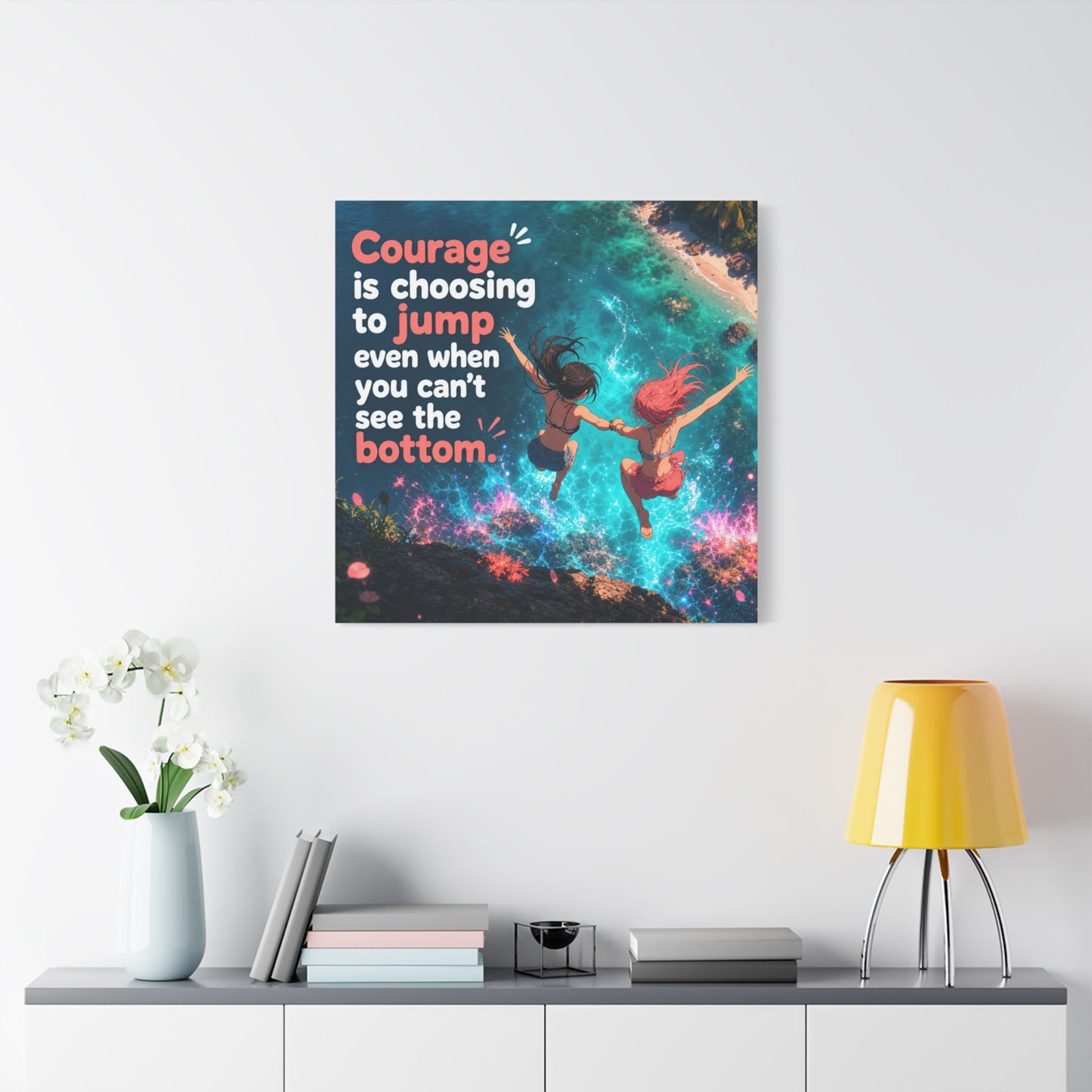 "Courage Is Choosing To Jump Even When You Can't See The Bottom" Canvas Wall Art - Coastal Quote Illustration, Inspirational Ocean Cliff Scene, Bedroom Wall Decor, Teen Space Accent - Ready to Hang