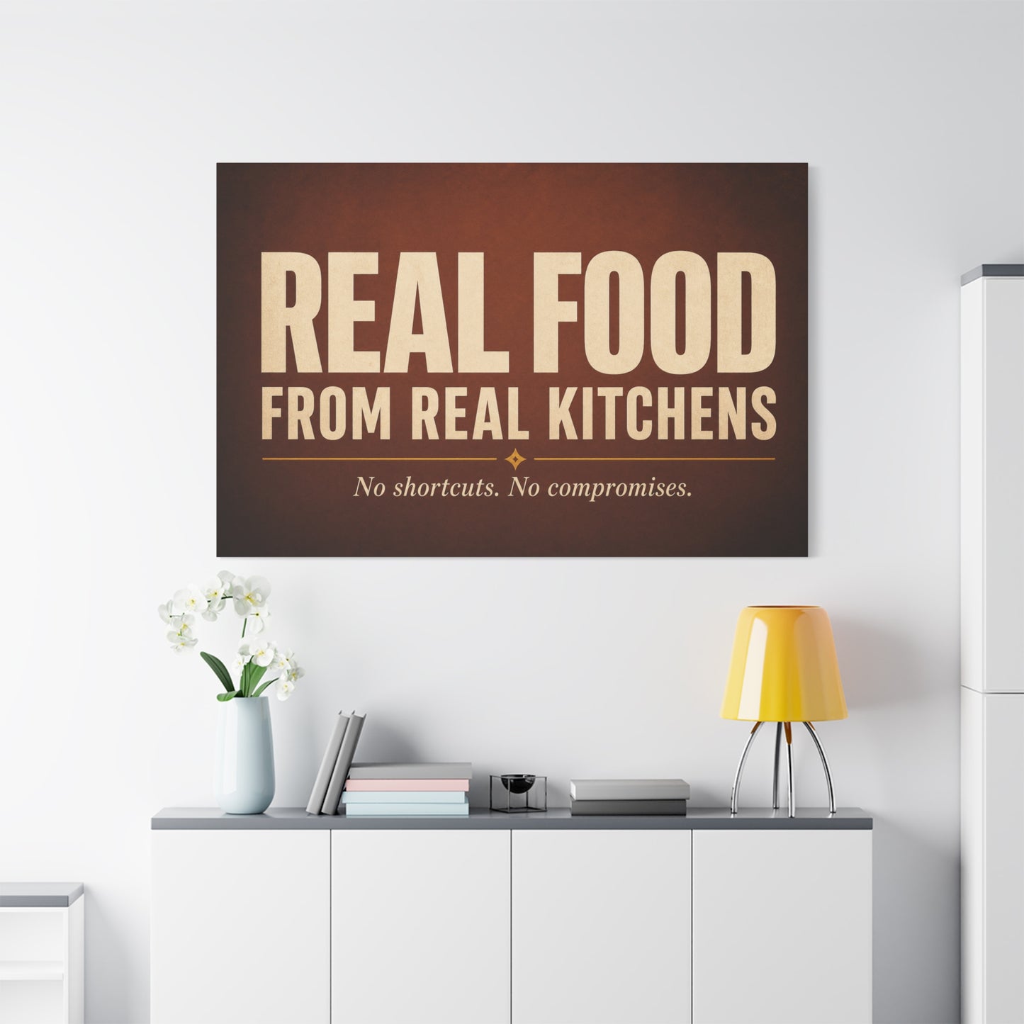 "Real Food From Real Kitchens" Typography Canvas Wall Art - Rustic Kitchen Quote Decor, Vintage Brown Minimalist Sign - Farmhouse Dining Room Decoration - Living Room Wall Decor - Ready to Hang