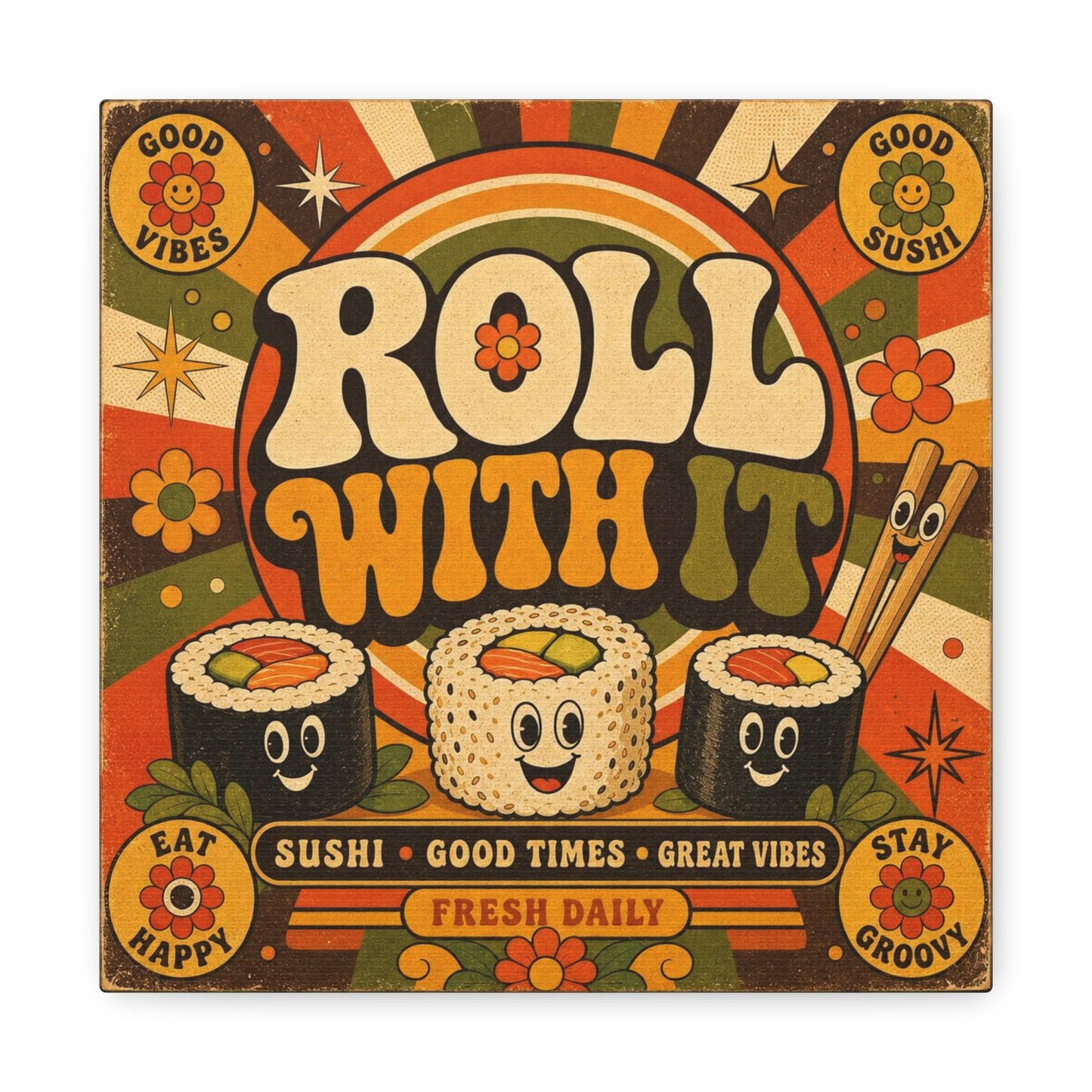 "Roll With It" Sushi Canvas Wall Art - Retro Typography Food Illustration, Groovy Orange Green Bohemian Print, Cafe Wall Decor, Kitchen Room Decoration, Vintage Poster Style - Bedroom Home Decoration