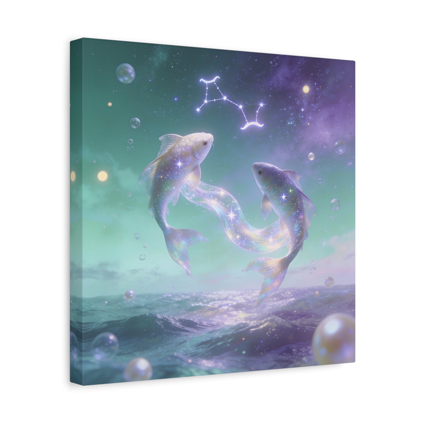 Pisces Fish Canvas Wall Art - Celestial Ocean Zodiac Illustration, Dreamy Aurora Nightscape, Matte Cotton Print, Mystical Bedroom Accent, Meditation Space Piece, Office Interior Style - Ready to Hang