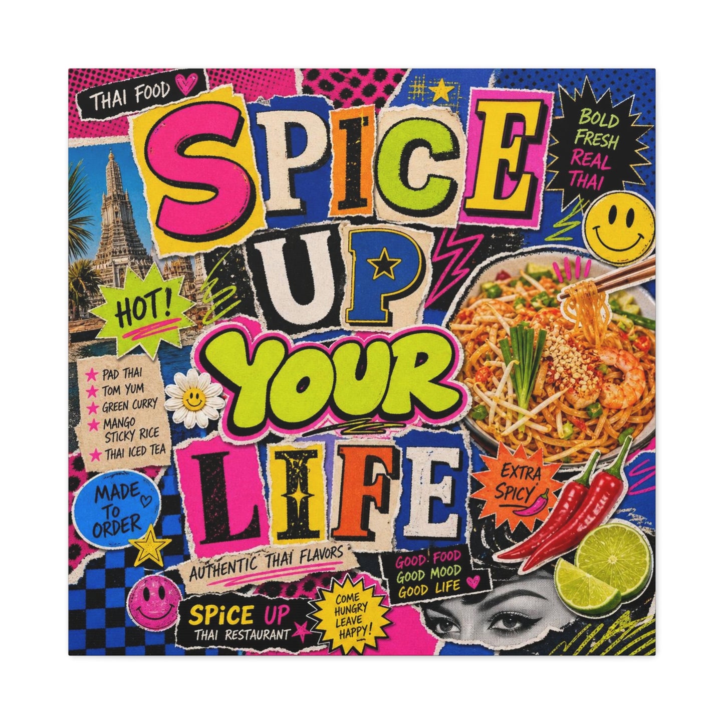 "Spice Up Your Life" Canvas Wall Art - Thai Food Pop Art Collage, Typography Print, Neon Color Street Poster Style, Cafe Decor, Dining Room Accent, Kitchen Wall Hanging, Contemporary - Ready to Hang