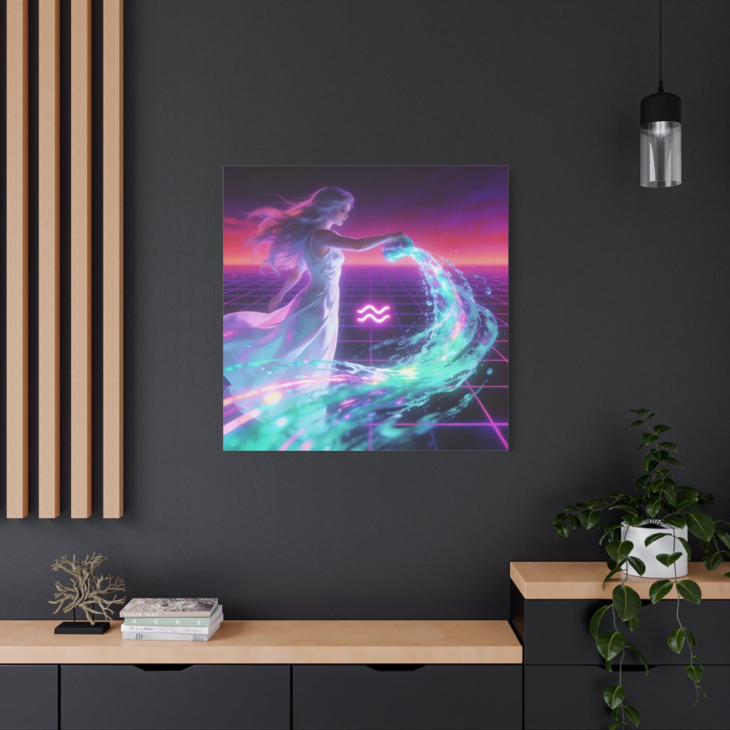 Aquarius Woman Canvas Wall Art - Neon Water Bearer Zodiac Illustration, Retro Synthwave Aesthetic - Matte Canvas Print - Bedroom Wall Decor, Home Office Accent, Mystical Decor - Modern Farmhouse Style