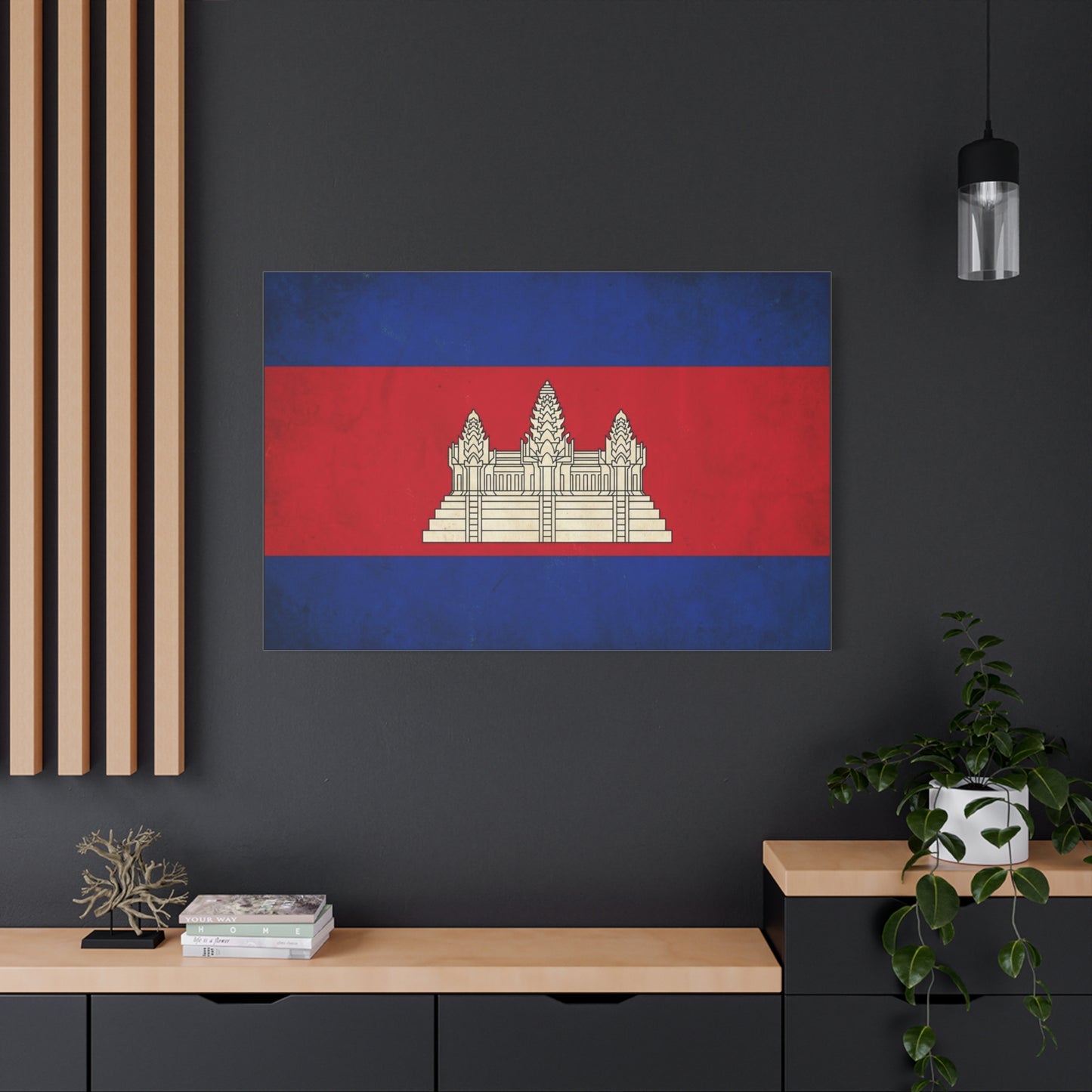 Cambodia Flag Canvas Wall Art - Khmer Temple Emblem Patriotic Print, Vintage National Decor - Textured Red Blue Banner Style - Living Room Wall Decor - Bedroom Home Decoration - Modern Farmhouse Style