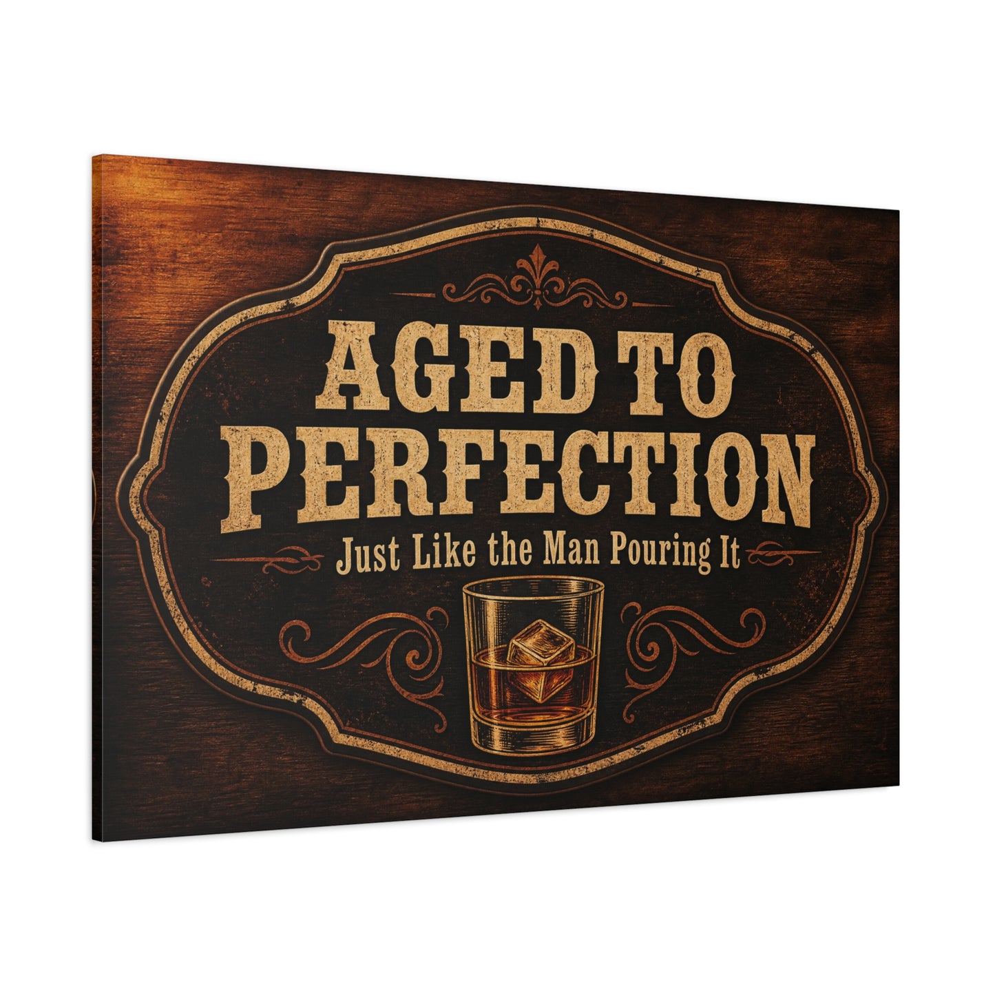 "Aged To Perfection Just Like The Man Pouring It" Whiskey Canvas Wall Art - Vintage Bar Quote Decor, Old Fashioned Glass Illustration - Office Wall Art - Ready to Hang - Cocktail Lounge Decor