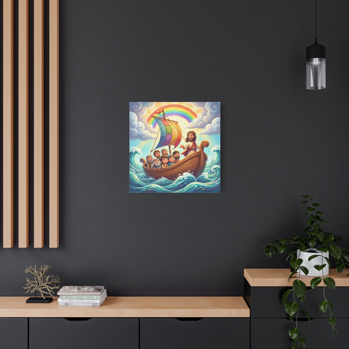 Jesus Boat Canvas Wall Art - Rainbow Sail, Disciples At Sea, Christian Nursery Decor - Matte Cotton Print - Whimsical Religious Style For Kids Bedroom Playroom Home Decoration - Living Room Wall Decor