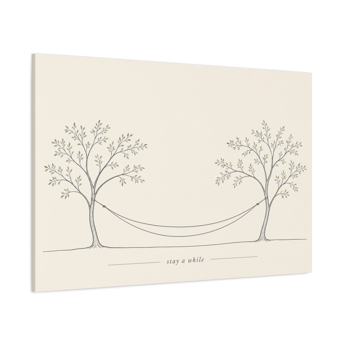 "Stay A While" Hammock Between Trees Canvas Wall Art - Minimalist Botanical Line Drawing, Neutral Beige Cotton Canvas Print - Bedroom Wall Decor, Living Room Home Decoration - Bedroom Home Decoration