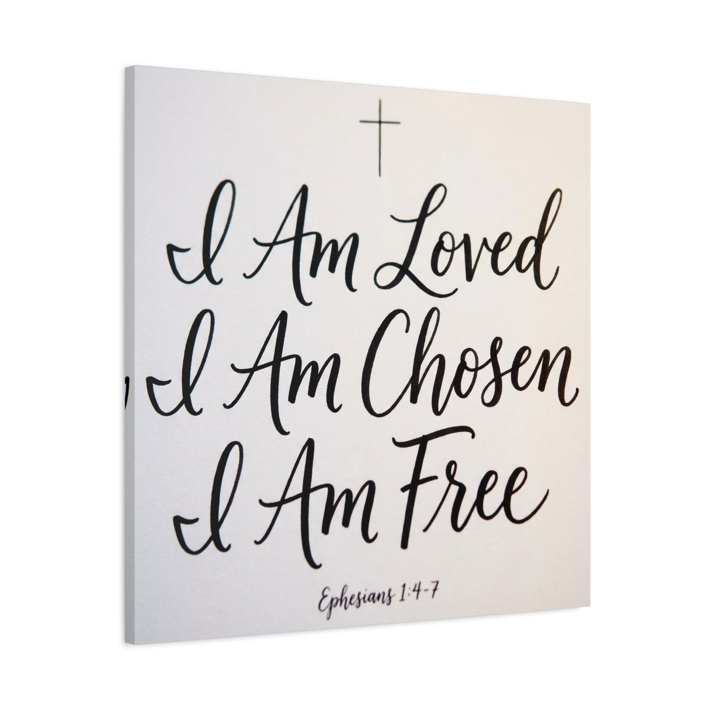 "I Am Loved, Chosen, Free" Christian Canvas Wall Art - Ephesians 1:4-7 Scripture Cross Print - Neutral Typography Decor - Bedroom Home Decoration, Living Room Wall Decor - Ready to Hang