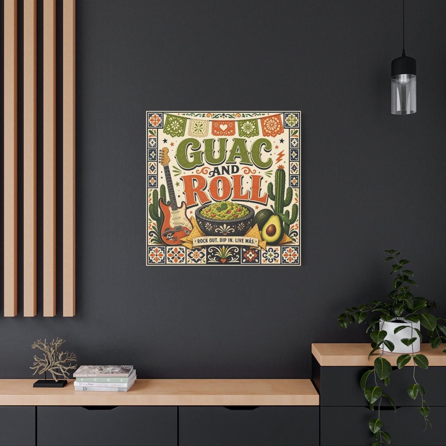 "Guac And Roll" Typography Canvas Wall Art - Fiesta Guitar, Cactus, Avocado Folk Illustration - Bohemian Rustic Style - Kitchen Wall Decor, Dining Room Accent, Cafe Wall Decor - Modern Farmhouse Style
