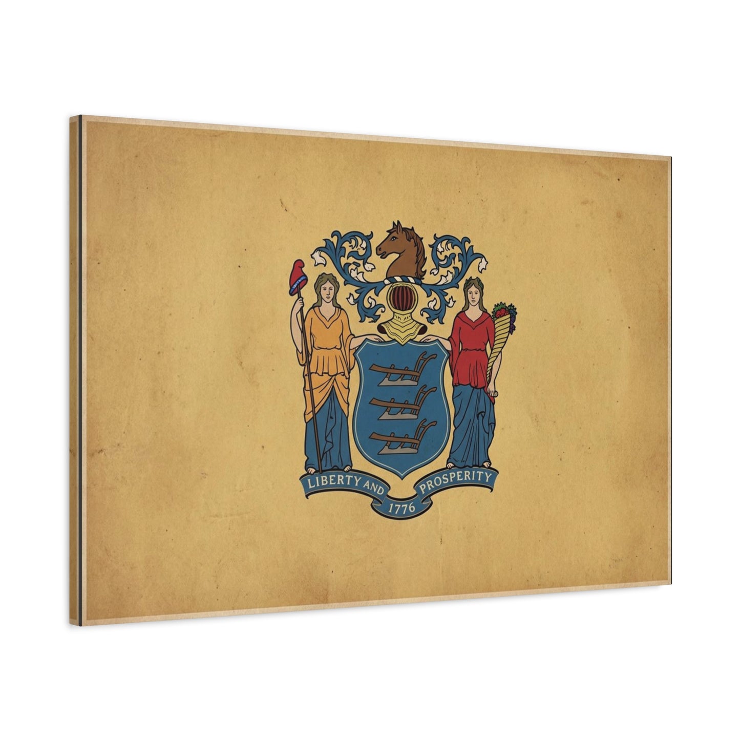 "Liberty And Prosperity 1776" New Jersey State Flag Canvas Wall Art - Vintage Tan Crest Banner Print, Patriotic Heritage Decor - Office Wall Art