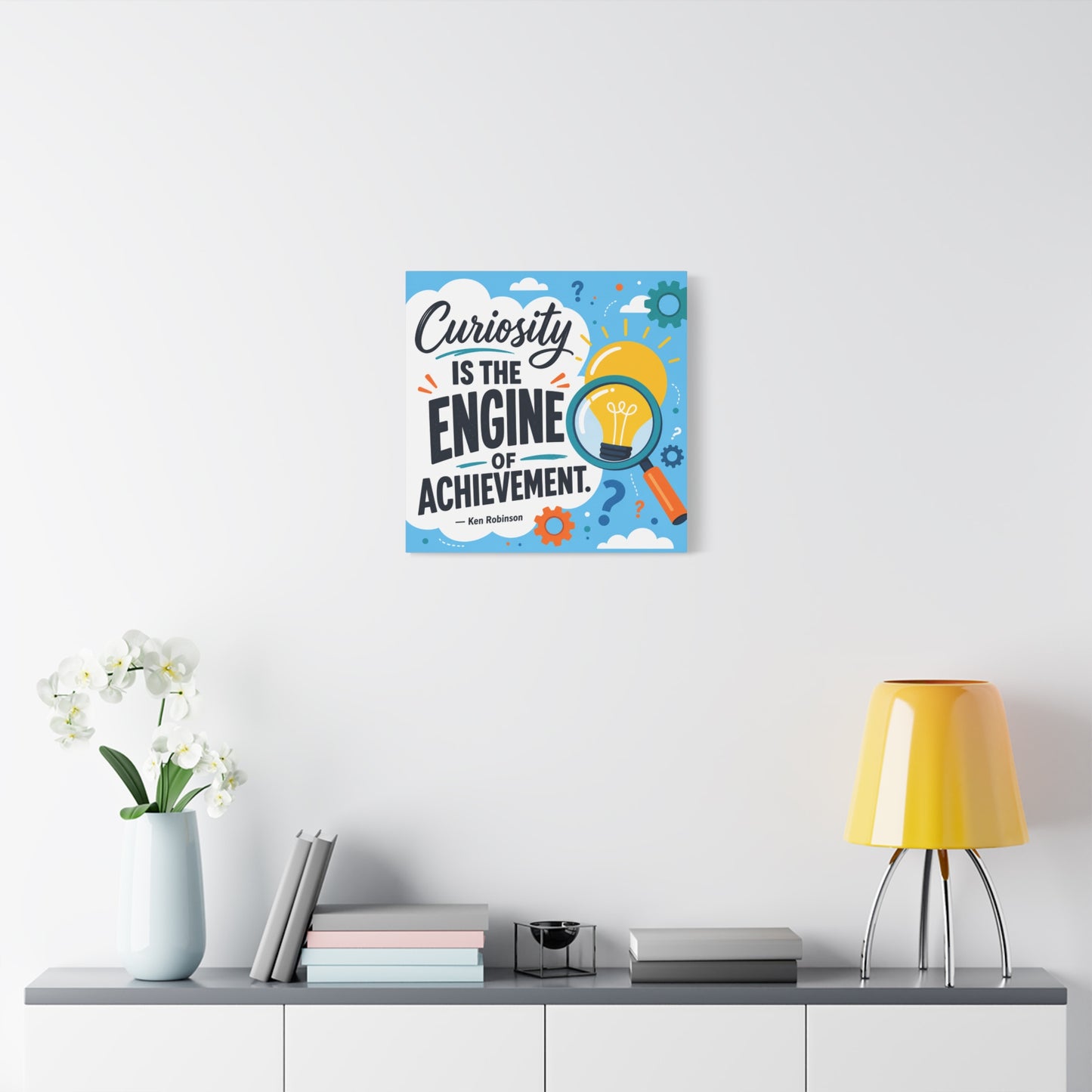 "Curiosity Is The Engine Of Achievement." Quote Canvas Wall Art - Classroom Inspirational Decor, Light Bulb Learning Poster, Teacher Office Wall Hanging, Kids Study Room Decoration - Ready to Hang