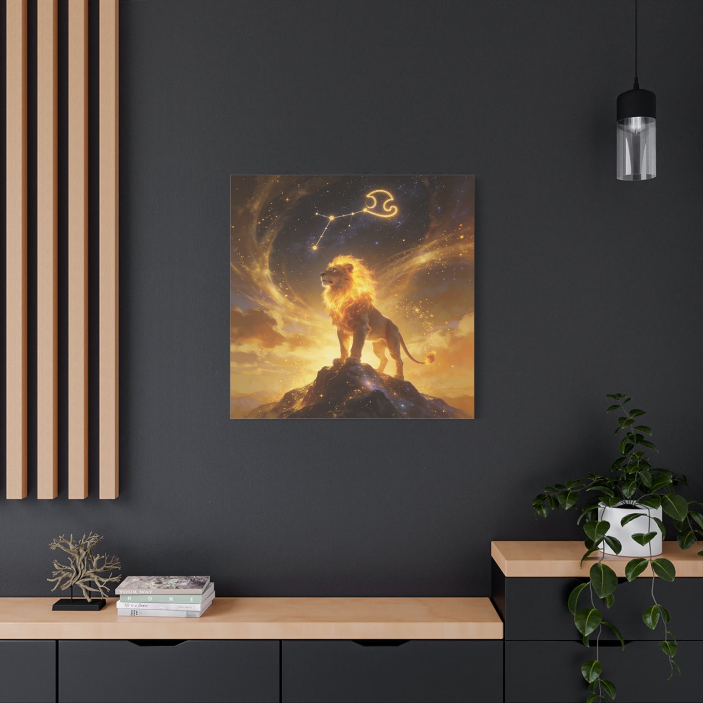Leo Zodiac Lion Canvas Wall Art - Celestial Astrology Constellation Print, Glowing Gold Cosmic Sky - Fantasy Style, Living Room Wall Decor Bedroom Home Decoration Office Art - Bedroom Home Decoration