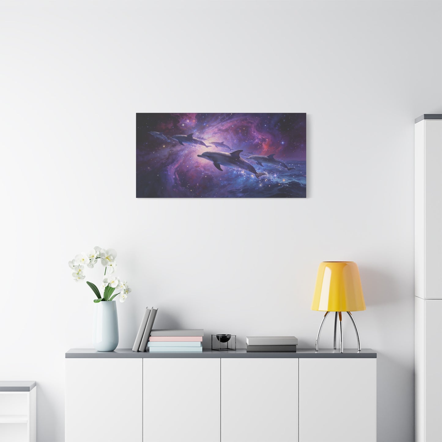 Cosmic Dolphin Canvas Wall Art - Celestial Ocean Galaxy Painting, Zebra Print Wallpaper Inspired Purple Blue Space Scene - Matte Canvas Print - Bedroom Living Room Decor - Living Room Wall Decor