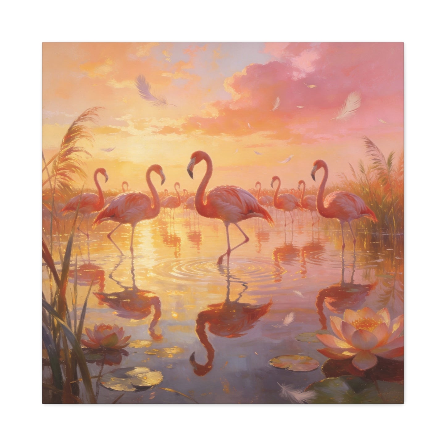 Pink Flamingo Canvas Wall Art - Sunset Wetland Birds, Lotus Pond Reflections - Dreamy Tropical Illustration, Matte Canvas Print - Living Room Wall Decor, Bedroom Home Decoration - Ready to Hang