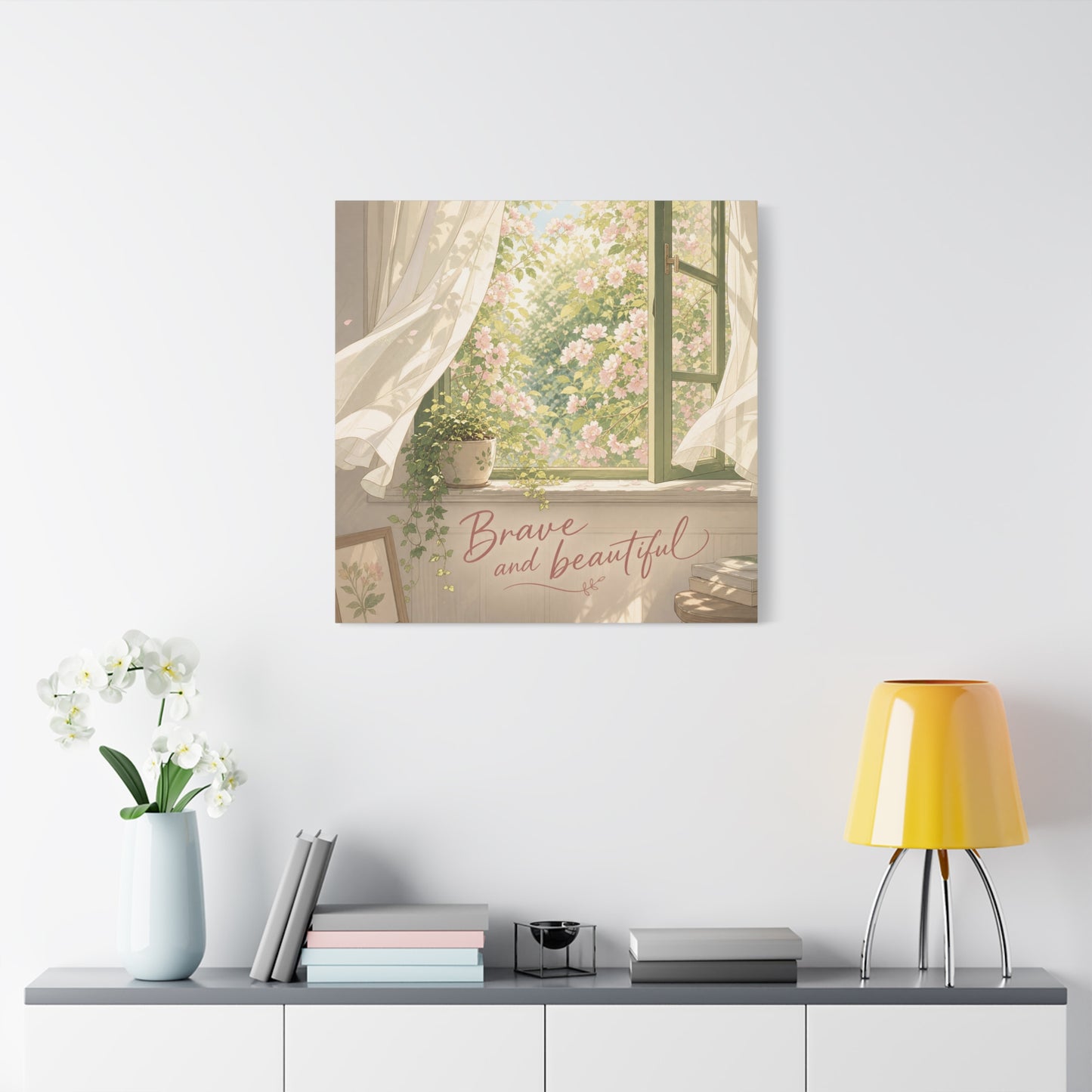 "Brave And Beautiful" Inspirational Canvas Wall Art - Open Window Pink Blossoms, Sheer Curtains, Botanical Quote Print - Soft Vintage Style - Bedroom Wall Decor, Living Room Accent - Ready to Hang