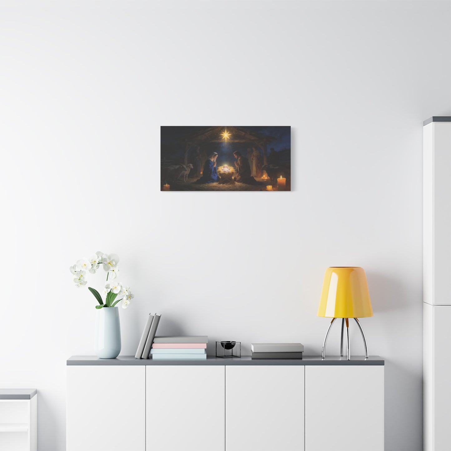 Nativity Scene Canvas Wall Art - Virgin Mary, Joseph, Baby Jesus In Manger - Starry Stable Religious Print - Traditional Christian Decor - Living Room Wall Decor Bedroom Home Decoration