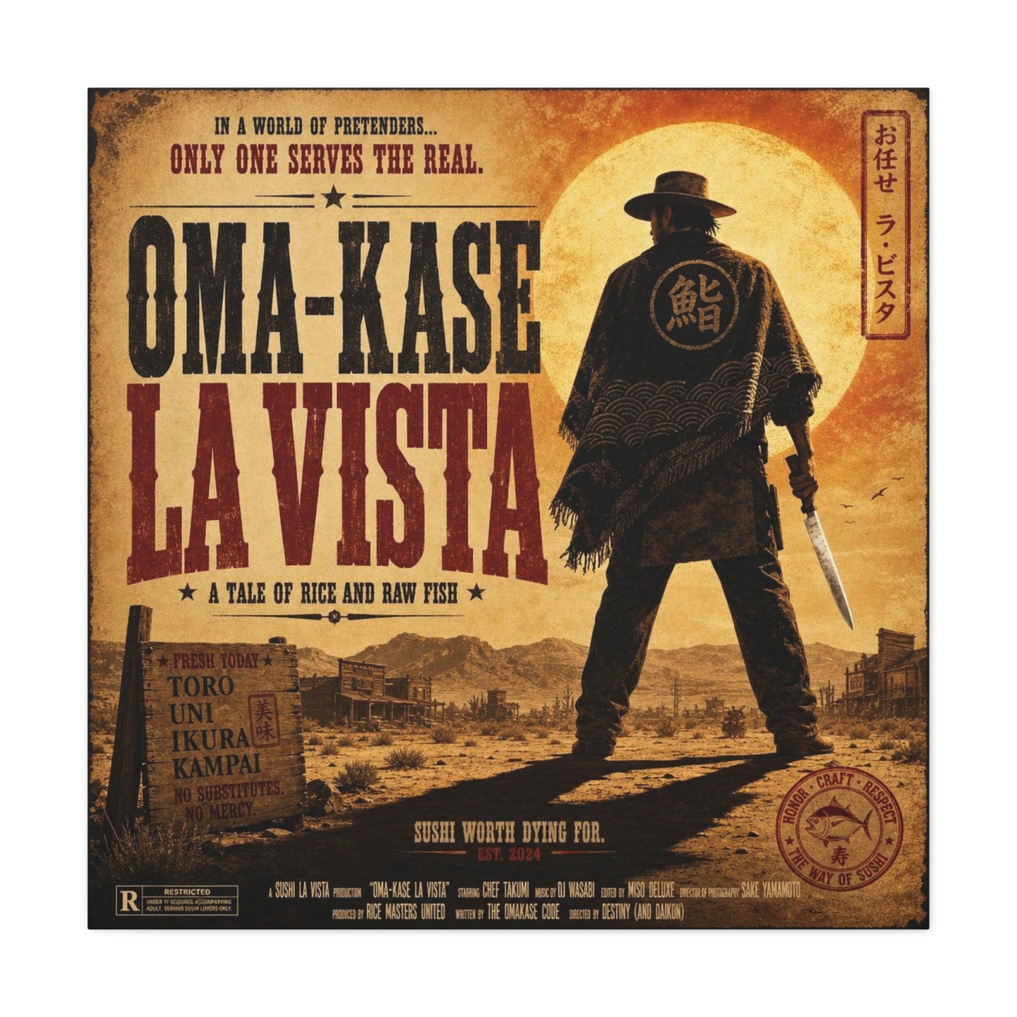 "In A World Of Pretenders... Only One Serves The Real. OMA-KASE LA VISTA" Canvas Wall Art - Vintage Western Sushi Poster, Typography Illustration, Rustic Office Decor, Cafe Accent Print