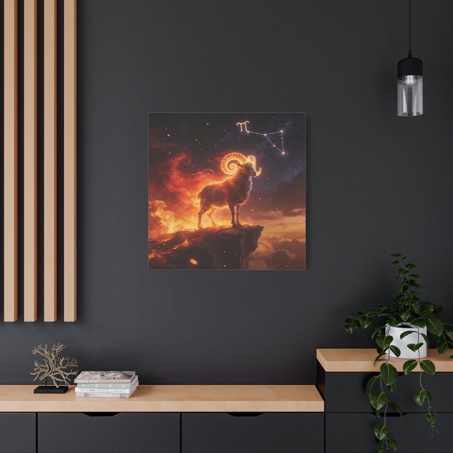 Aries Ram Canvas Wall Art - Fiery Zodiac Constellation Celestial Animal Print - Glowing Horns, Cosmic Night Sky - Contemporary Fantasy Style - Bedroom Home Decoration Office Wall Art - Ready to Hang