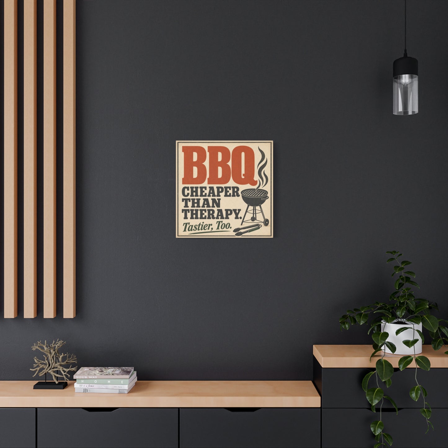 "BBQ Cheaper Than Therapy. Tastier, Too." Canvas Wall Art - Vintage Grill Quote Kitchen Decor - Rustic Typography Print, Farmhouse Barbecue Sign - Modern Farmhouse Style - Living Room Wall Decor