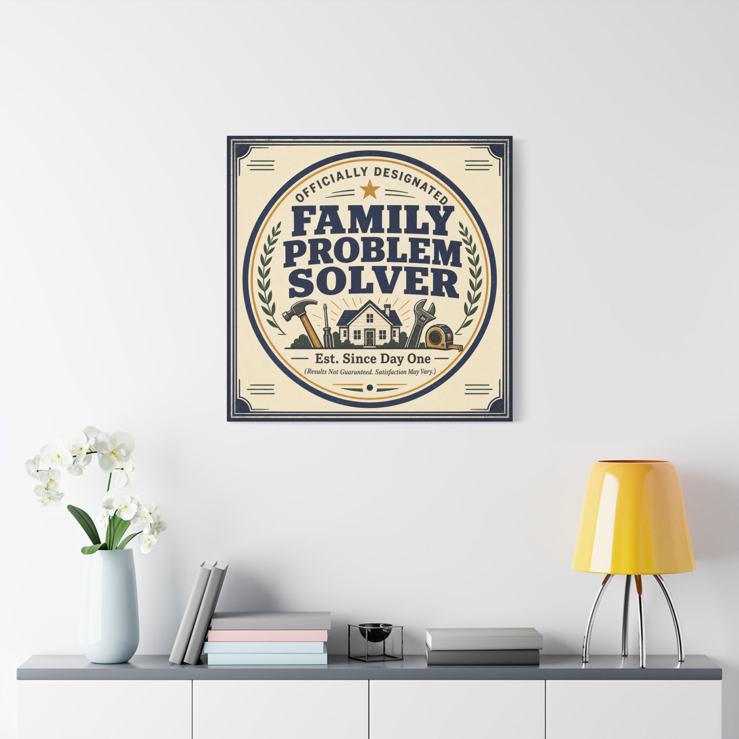 "Officially Designated Family Problem Solver" Canvas Wall Art - Vintage Typography Home Sign, Rustic Farmhouse Style, Humorous Quote Print, Living Room Wall Decor - Ready to Hang - Ready to Hang