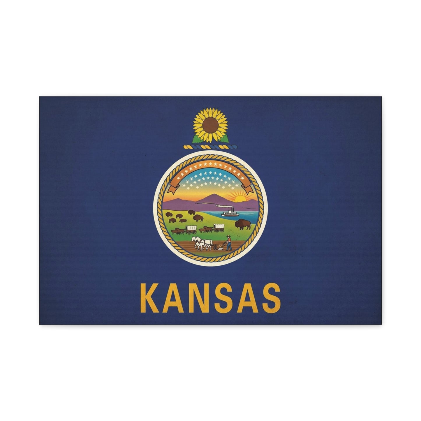 Kansas State Flag Canvas Wall Art - Sunflower Seal Prairie Buffalo Wagon Sunset Print - Vintage Blue Typography Decor - Living Room Wall Decor, Office Art, Dorm Accent - Bedroom Home Decoration
