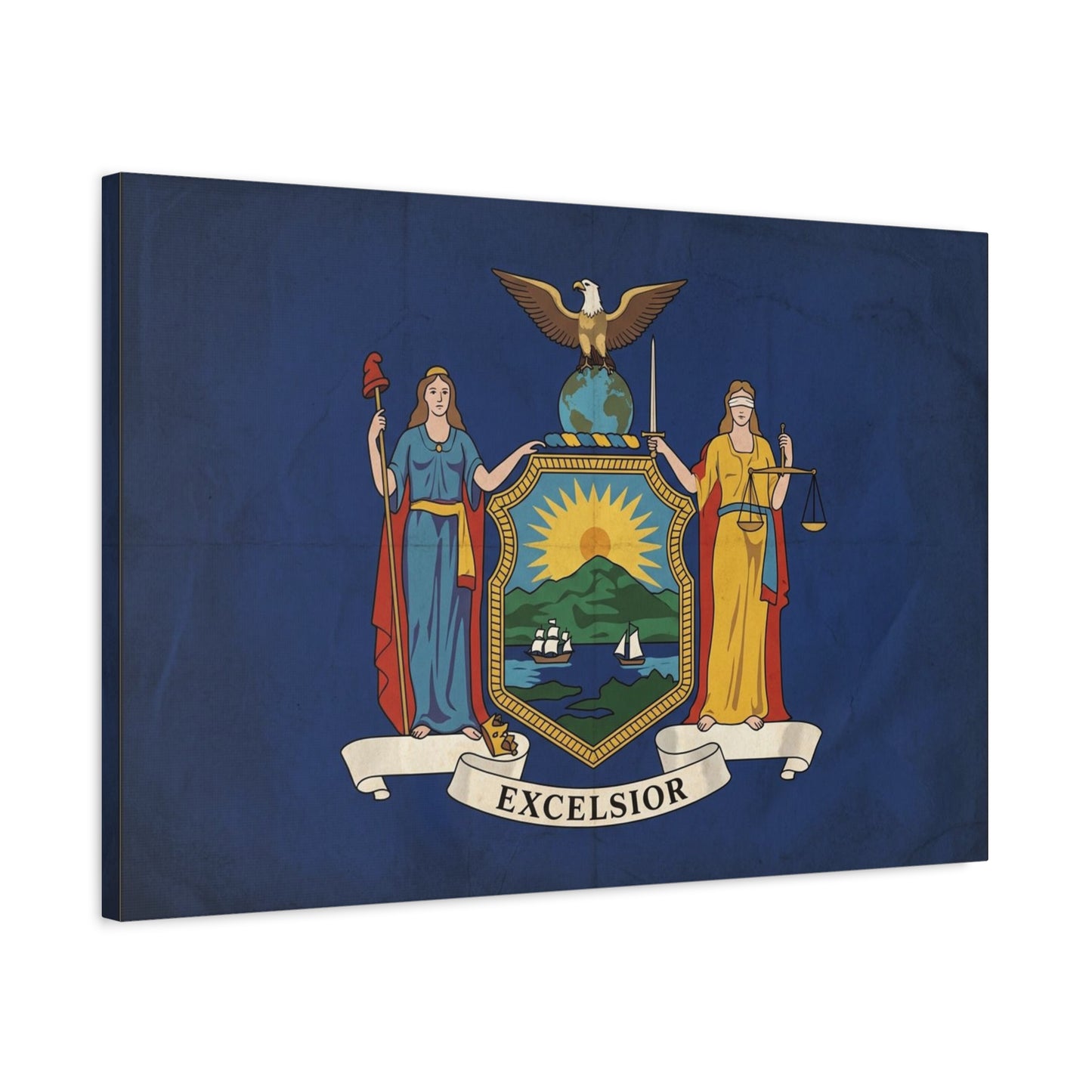 "Excelsior" New York State Flag Canvas Wall Art - Empire State Banner Print, Vintage Blue Heraldic Decor - Patriotic Illustration Style - Living Room Wall Decor, Office Art - Bedroom Home Decoration