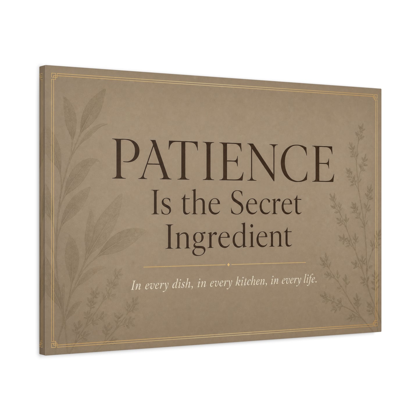 "Patience Is The Secret Ingredient" Kitchen Canvas Wall Art - Neutral Typography Print, Farmhouse Style - Beige Botanical Quote Decor - Dining Room, Kitchen Wall Hanging - Bedroom Home Decoration