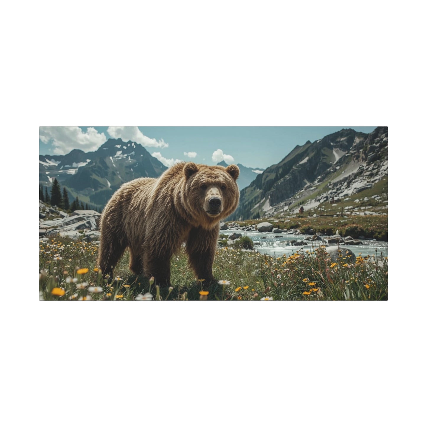 Grizzly Bear Canvas Wall Art - Alpine Mountain Meadow Wildlife Art Print - Rustic Nature Decor, Cotton Canvas - Living Room Wall Decor, Lodge Bedroom Home Decoration - Bedroom Home Decoration