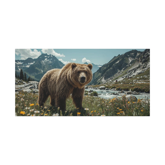Grizzly Bear Canvas Wall Art - Alpine Mountain Meadow Wildlife Art Print - Rustic Nature Decor, Cotton Canvas - Living Room Wall Decor, Lodge Bedroom Home Decoration - Bedroom Home Decoration