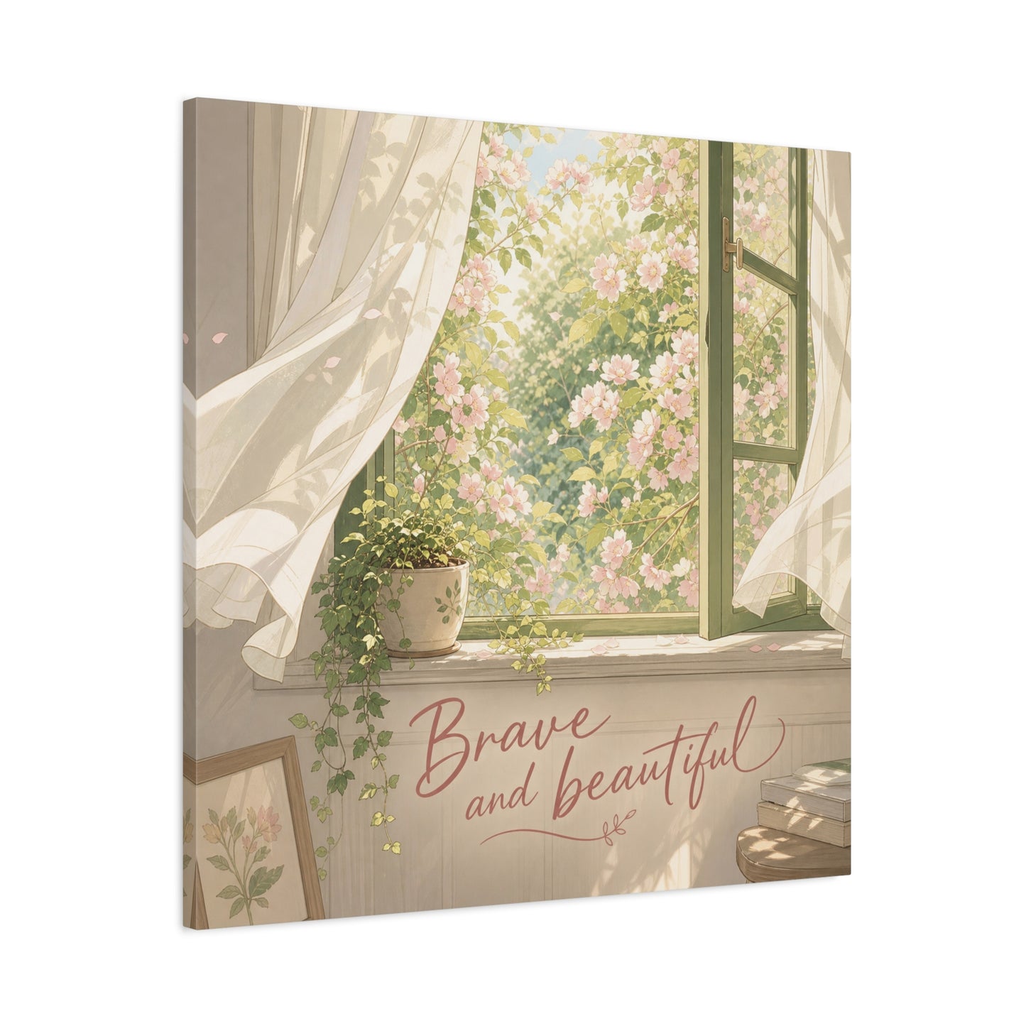 "Brave And Beautiful" Inspirational Canvas Wall Art - Open Window Pink Blossoms, Sheer Curtains, Botanical Quote Print - Soft Vintage Style - Bedroom Wall Decor, Living Room Accent - Ready to Hang
