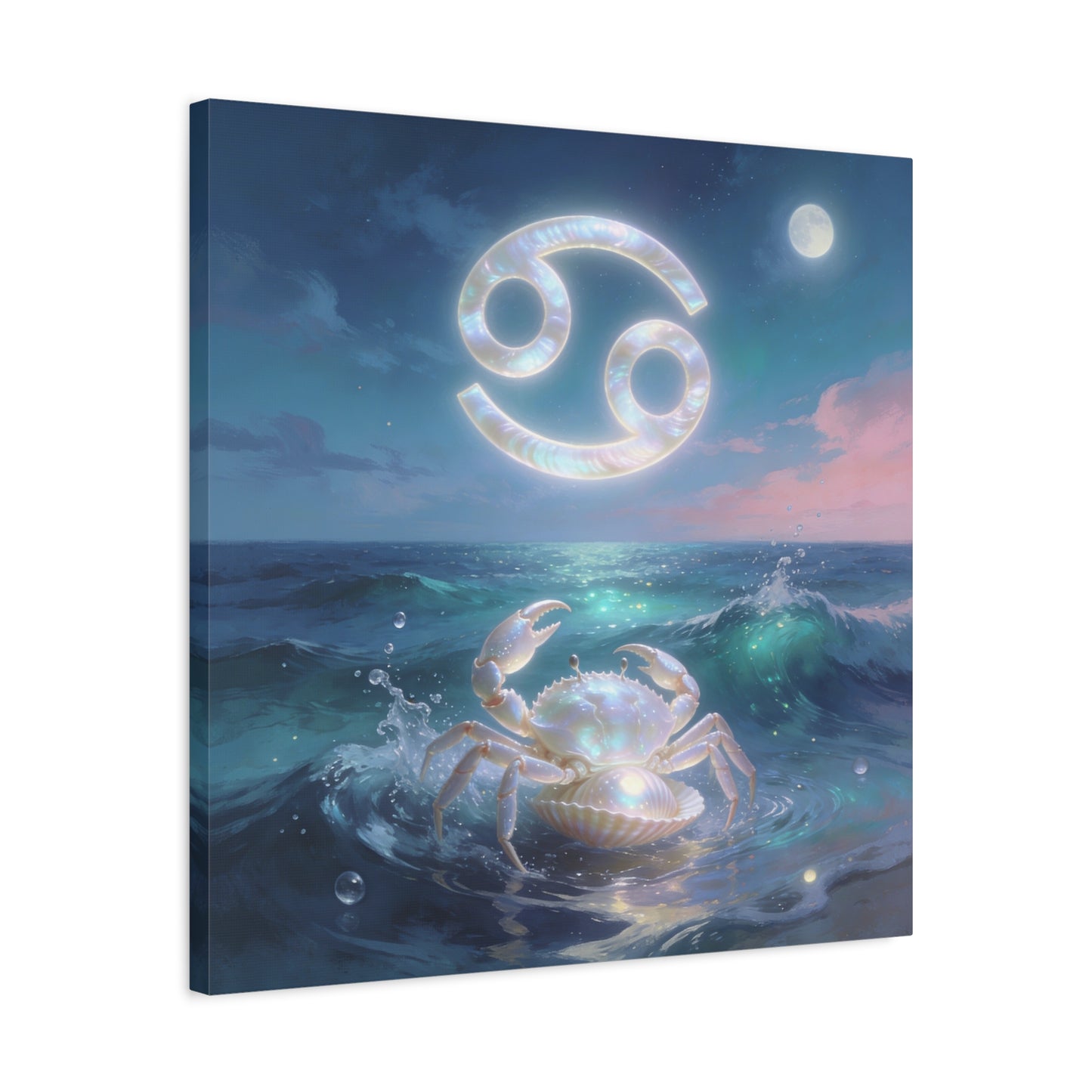 Cancer Zodiac Canvas Wall Art - Moonlit Ocean Crab, Iridescent Shell Symbol - Coastal Celestial Print, Dreamy Blue Seascape - Bedroom Home Decoration, Living Room Wall Decor - Bedroom Home Decoration
