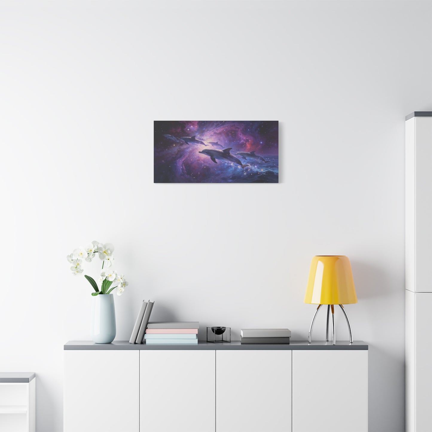 Cosmic Dolphin Canvas Wall Art - Celestial Ocean Galaxy Painting, Zebra Print Wallpaper Inspired Purple Blue Space Scene - Matte Canvas Print - Bedroom Living Room Decor - Living Room Wall Decor