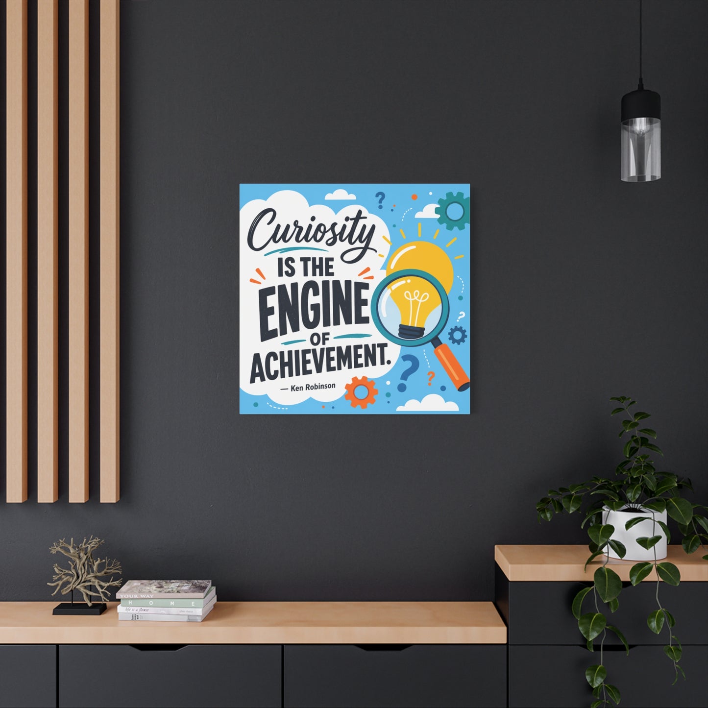 "Curiosity Is The Engine Of Achievement." Quote Canvas Wall Art - Classroom Inspirational Decor, Light Bulb Learning Poster, Teacher Office Wall Hanging, Kids Study Room Decoration - Ready to Hang