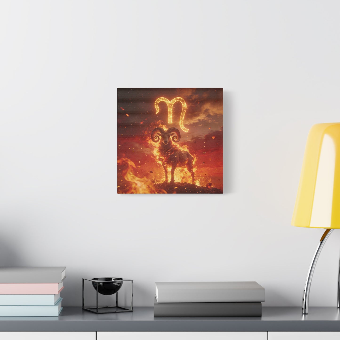 Aries Ram Canvas Wall Art - Fiery Zodiac Symbol Astrology Print, Glowing Horned Sheep Illustration - Matte Canvas Decor - Bedroom Home Decoration, Office Wall Art - Bedroom Home Decoration