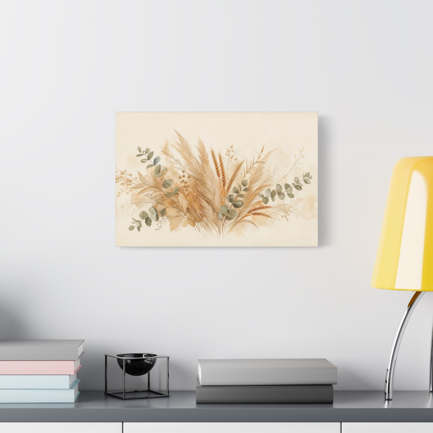 Neutral Botanical Canvas Wall Art - Pampas Grass, Wheat Stems, Eucalyptus Print - Soft Beige Sage Floral Composition - Modern Farmhouse Style - Living Room Wall Decor, Bedroom Home Decoration