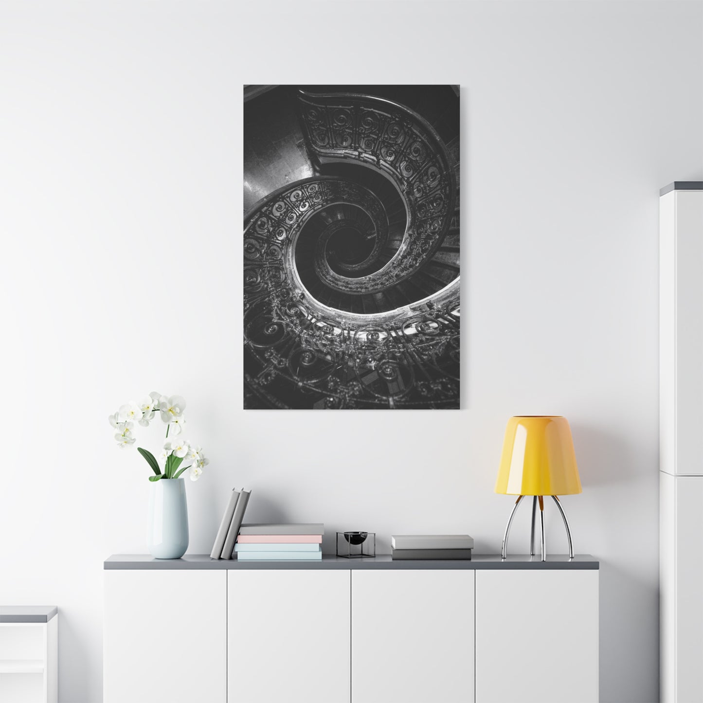 Black And White Spiral Staircase Canvas Wall Art - Architectural Art Print, Moody Monochrome Interior, Modern Minimalist Style - Office Wall Decor, Living Room Accent - Bedroom Home Decoration