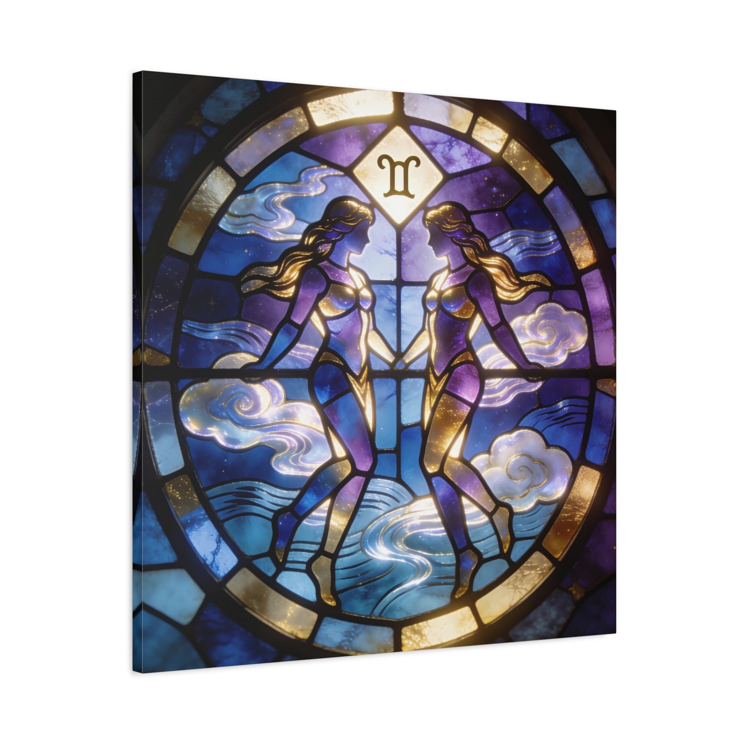 Gemini Zodiac Canvas Wall Art - Stained Glass Twin Women Celestial Print, Blue Purple Gold Astrology Decor - Modern Mystical Artwork - Bedroom Home Decoration Office Wall Art - Bedroom Home Decoration