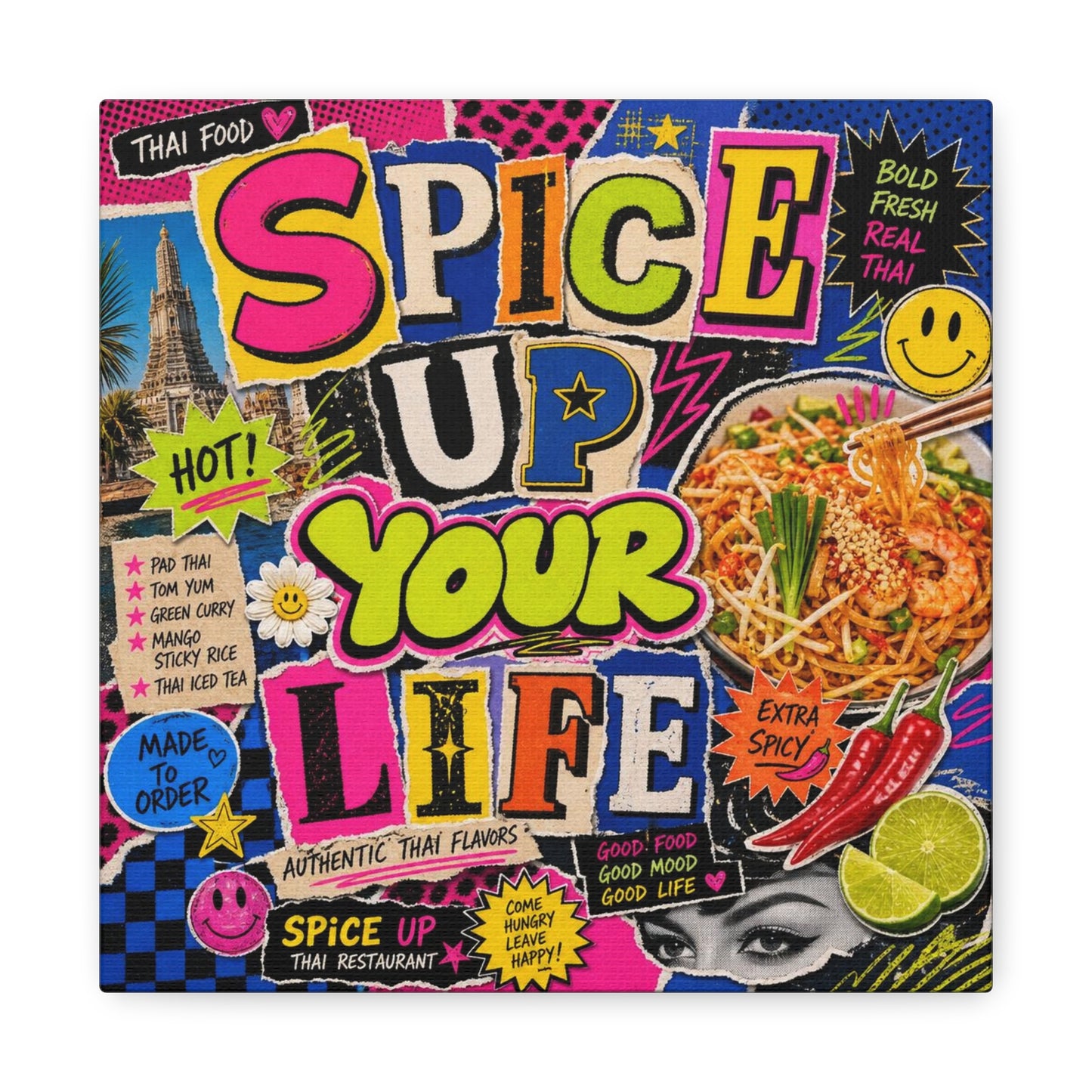 "Spice Up Your Life" Canvas Wall Art - Thai Food Pop Art Collage, Typography Print, Neon Color Street Poster Style, Cafe Decor, Dining Room Accent, Kitchen Wall Hanging, Contemporary - Ready to Hang